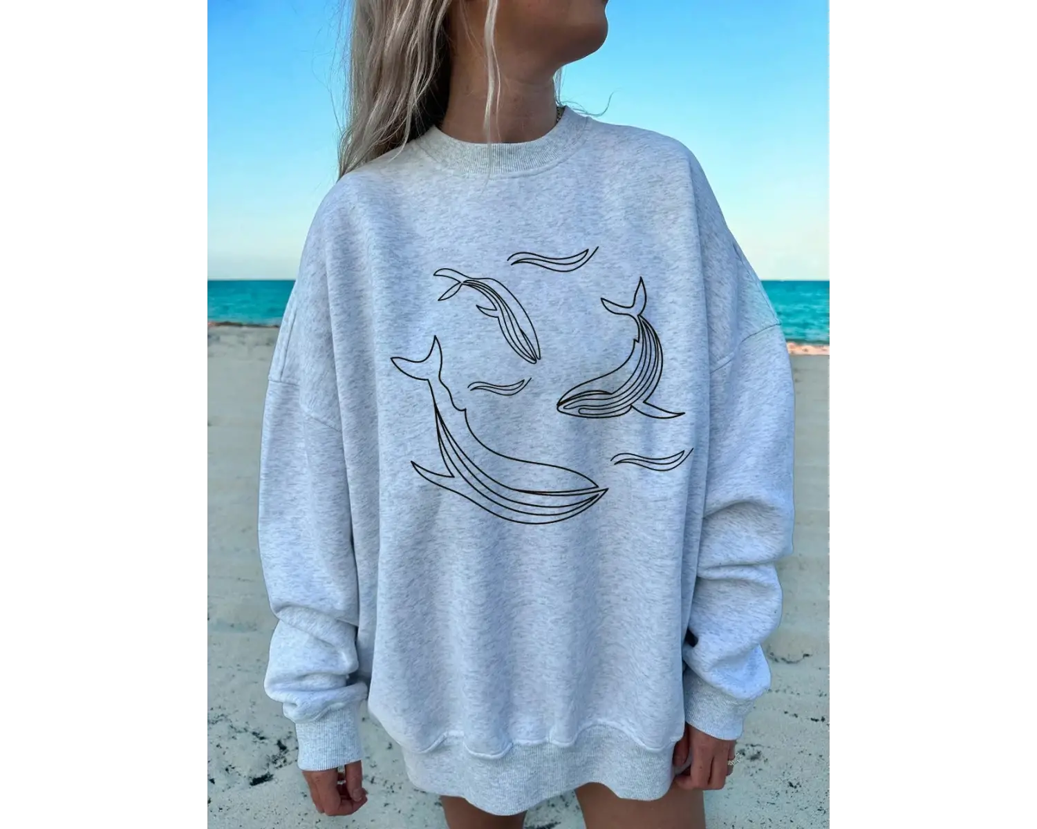 Balina Pod Basit Kroki Baskılar Tişörtü Kadın Crewneck Temelleri Kapüşonlular Gevşek Polar Sı