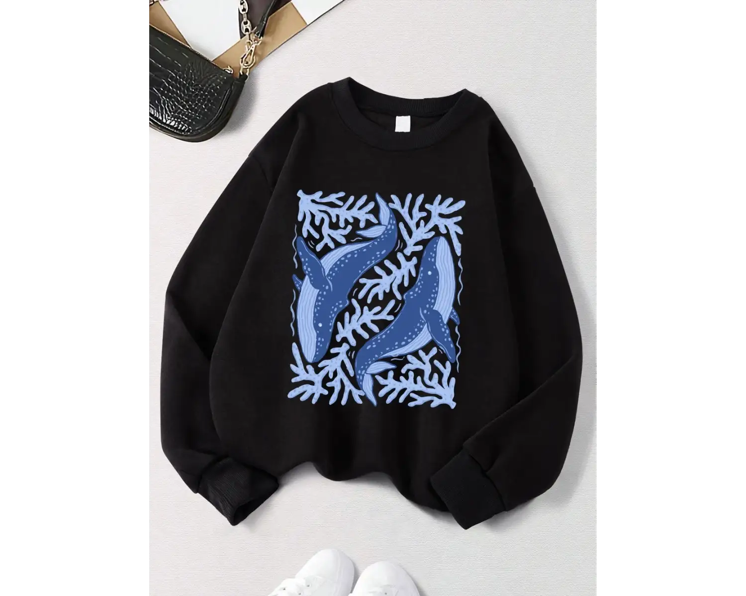 Balina ve Mercan Baskı Tişörtü Bayan Sonbahar Polar Sıcak Kapüşonlular Crewneck Gevşek Kazak