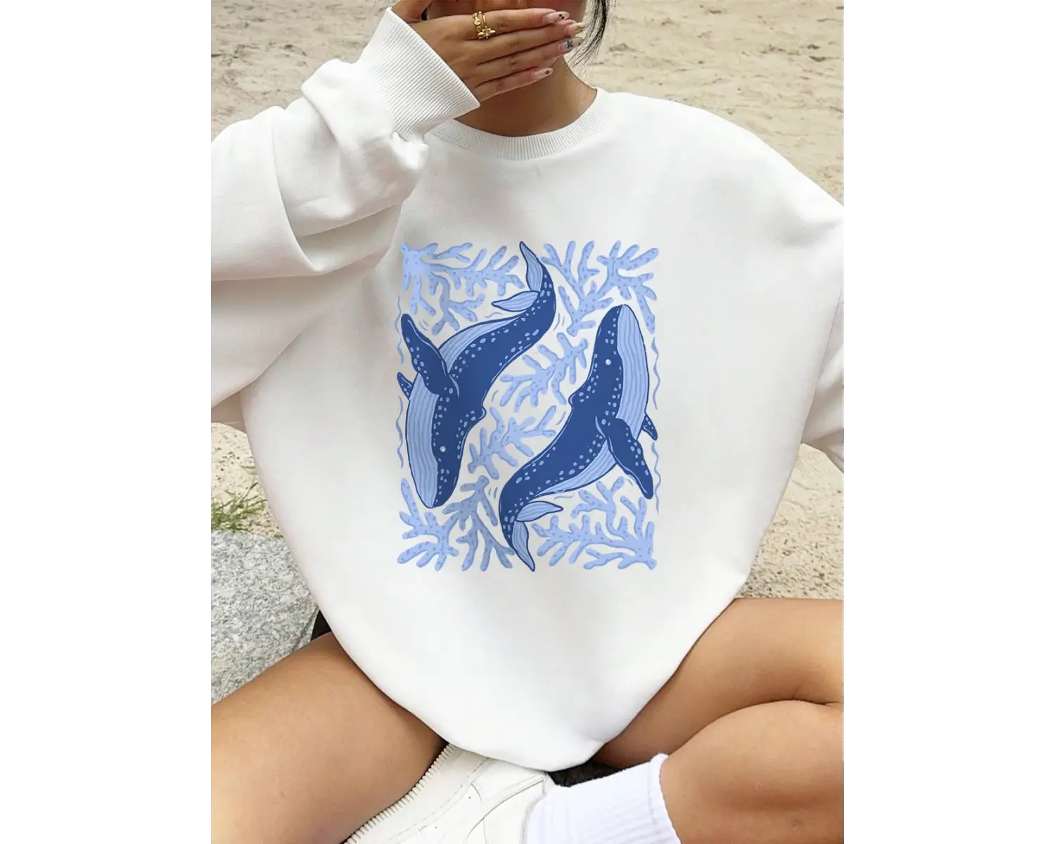 Balina ve Mercan Baskı Tişörtü Bayan Sonbahar Polar Sıcak Kapüşonlular Crewneck Gevşek Kazak