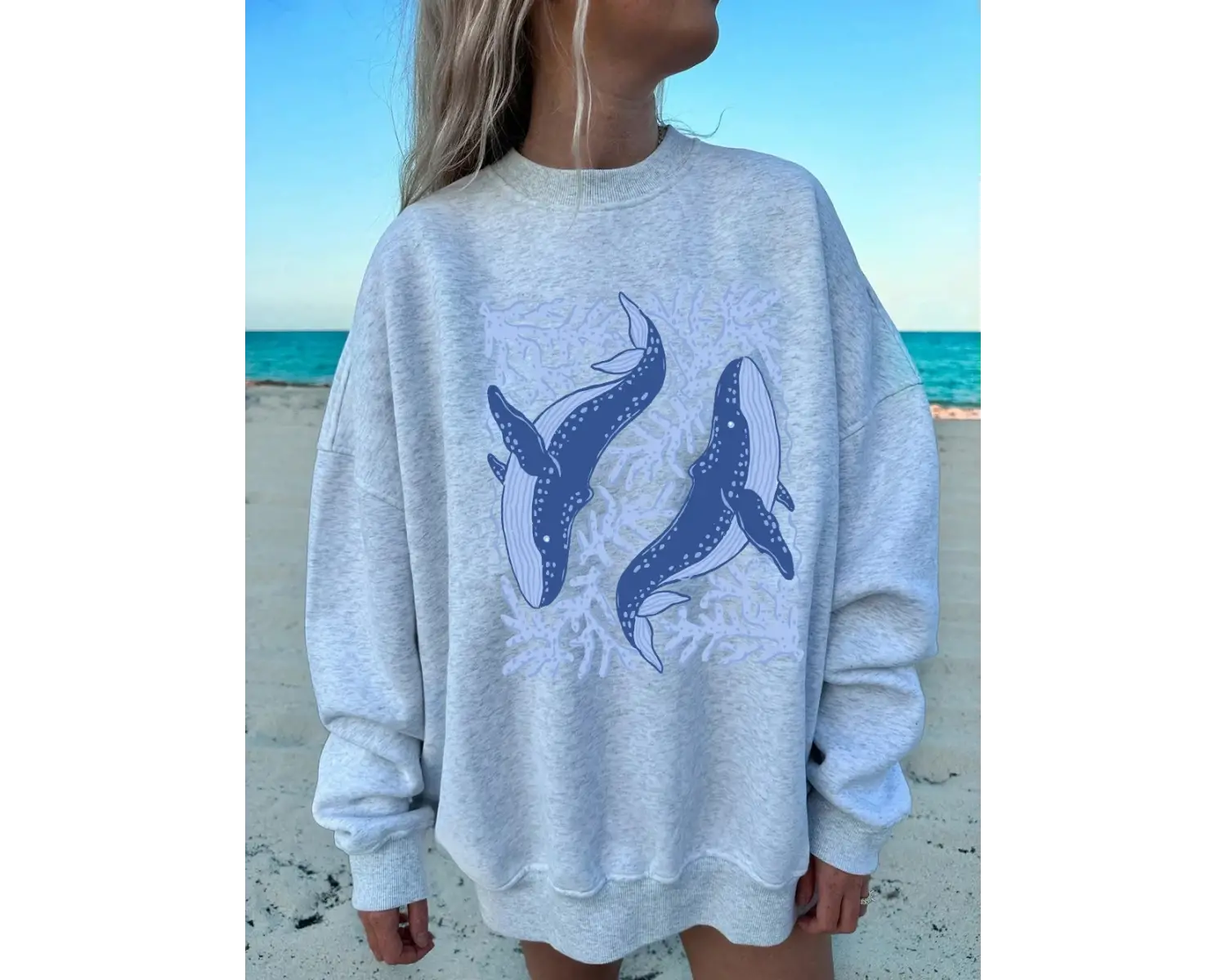 Balina ve Mercan Baskı Tişörtü Bayan Sonbahar Polar Sıcak Kapüşonlular Crewneck Gevşek Kazak