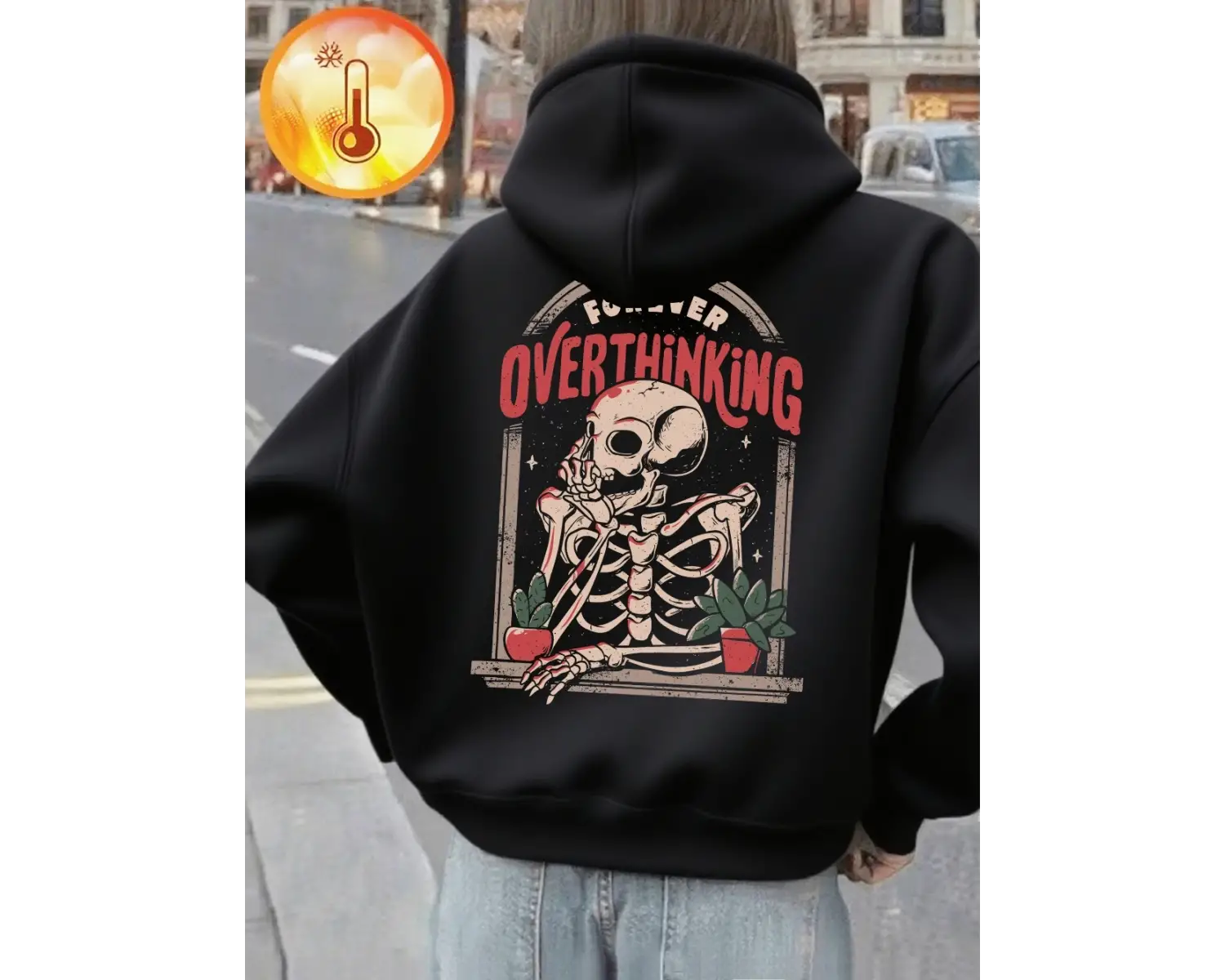 Balkonda İskelet Adam Baskılı Kapüşonlu Üstler Kadınlar İçin Günlük Bol Sweatshirt Kışlık Pol