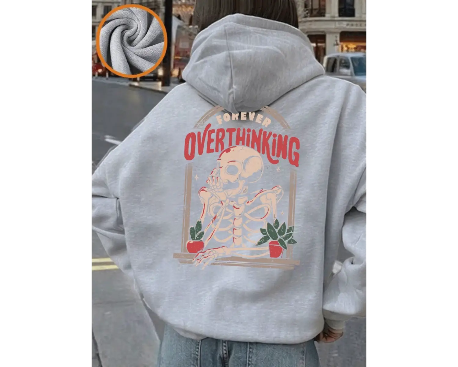 Balkonda İskelet Adam Baskılı Kapüşonlu Üstler Kadınlar İçin Günlük Bol Sweatshirt Kışlık Pol