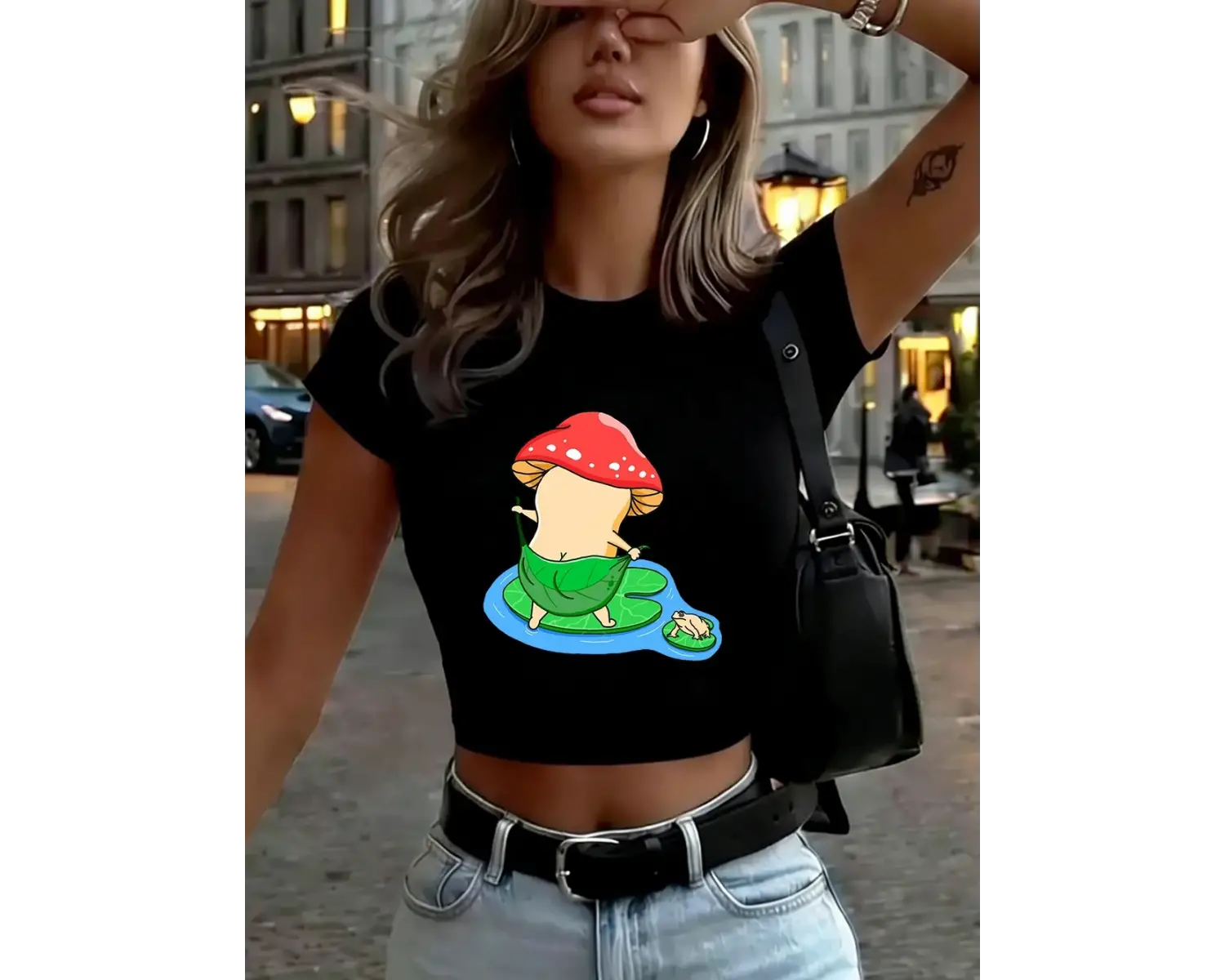 Banyo Mantarı Baskı Kadın Kırpma T-Shirt Yaz Yüksek Elastik Yumuşak Üstler Uydurma İnce Kısa