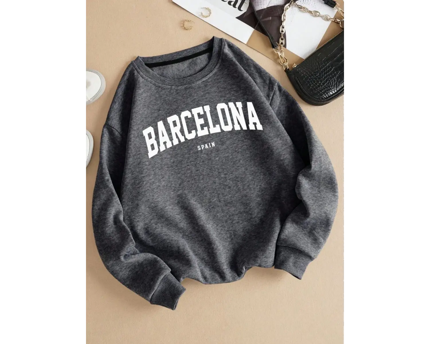 Barcelona España Mektup Baskı Kadın Kazak Polar Rahat Kazak O-Boyun Sonbahar Streetweet Gevşe