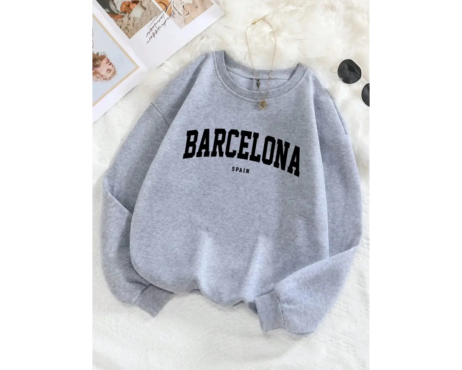 Barcelona España Mektup Baskı Kadın Kazak Polar Rahat Kazak O-Boyun Sonbahar Streetweet Gevşe