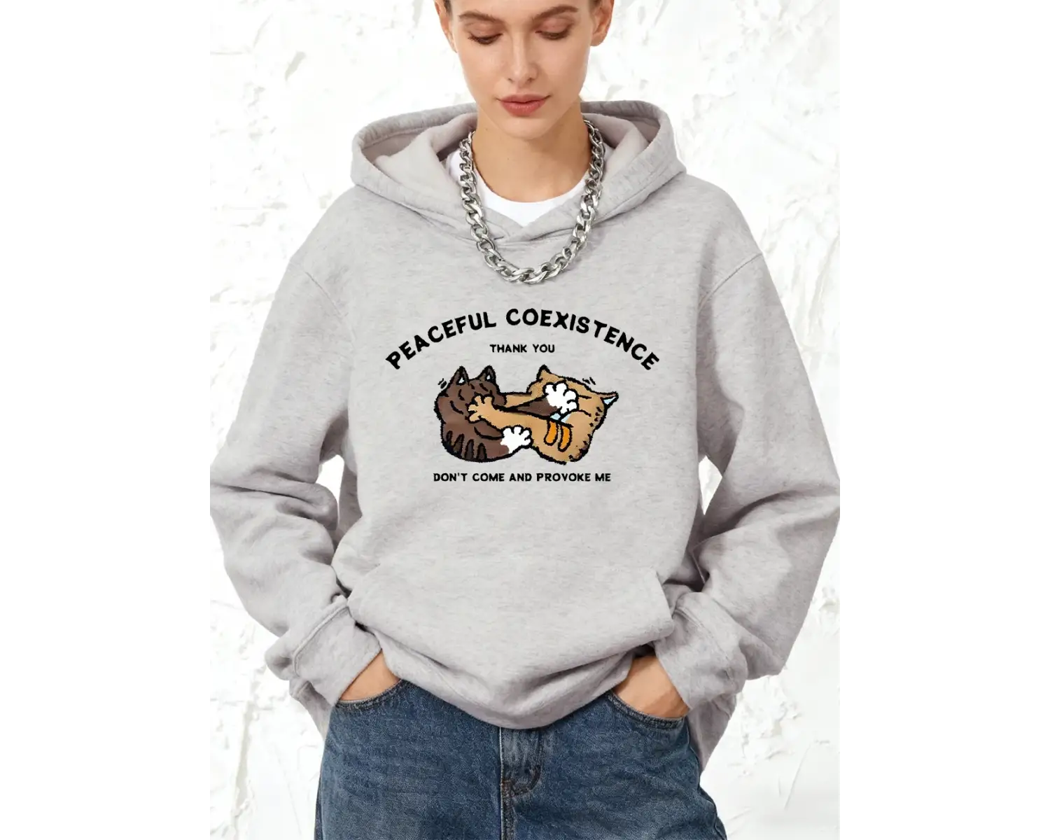 Barışçıl Bir Yaşam Birlikte Yaşam Kedi Baskılı Kapüşonlu Üstler Pamuklu Kadın Eşofman Cepli Ü