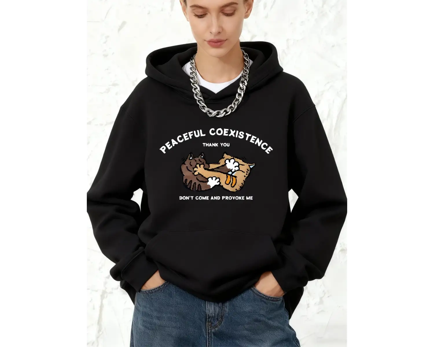 Barışçıl Bir Yaşam Birlikte Yaşam Kedi Baskılı Kapüşonlu Üstler Pamuklu Kadın Eşofman Cepli Ü