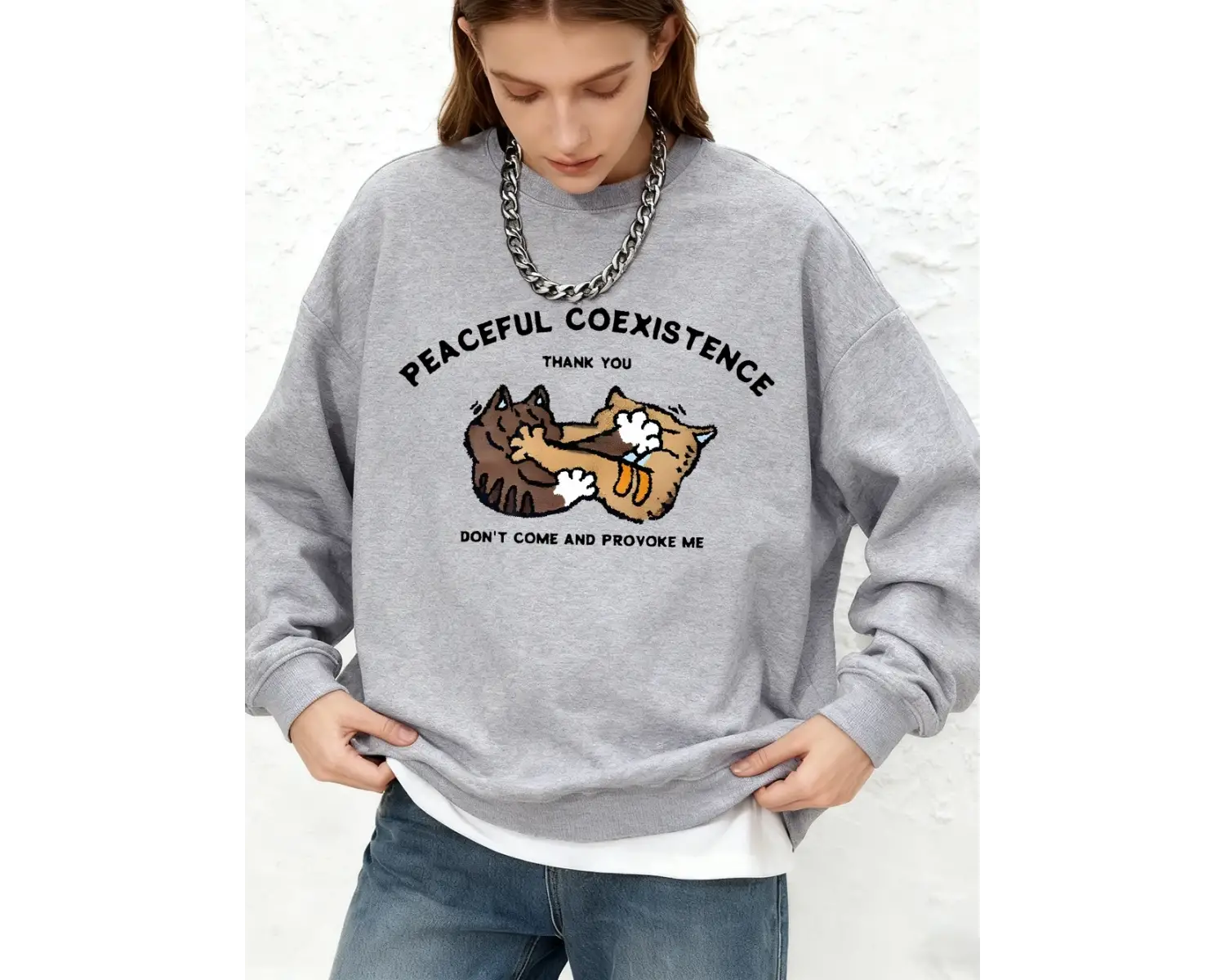 Barışçıl Bir Yaşam Ortaklığı Kedi Baskılı Kapüşonlu Kadın Basic Oversize Jogger Sweatshirt Uz