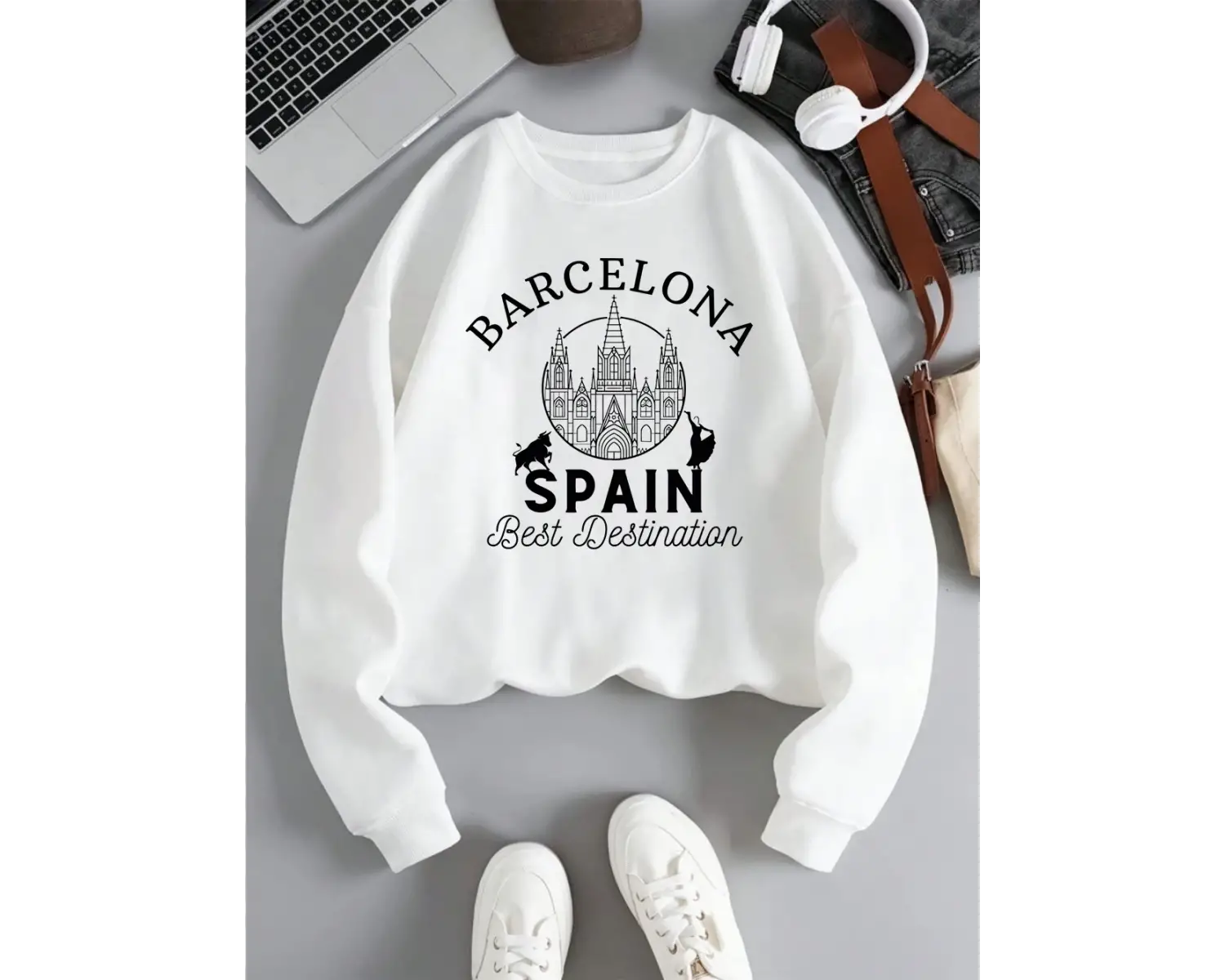 Barselona İspanya En İyi Destinasyon Baskı Kadın Kazaklar Gevşek Polar Kazak Yumuşak Kadın Gi