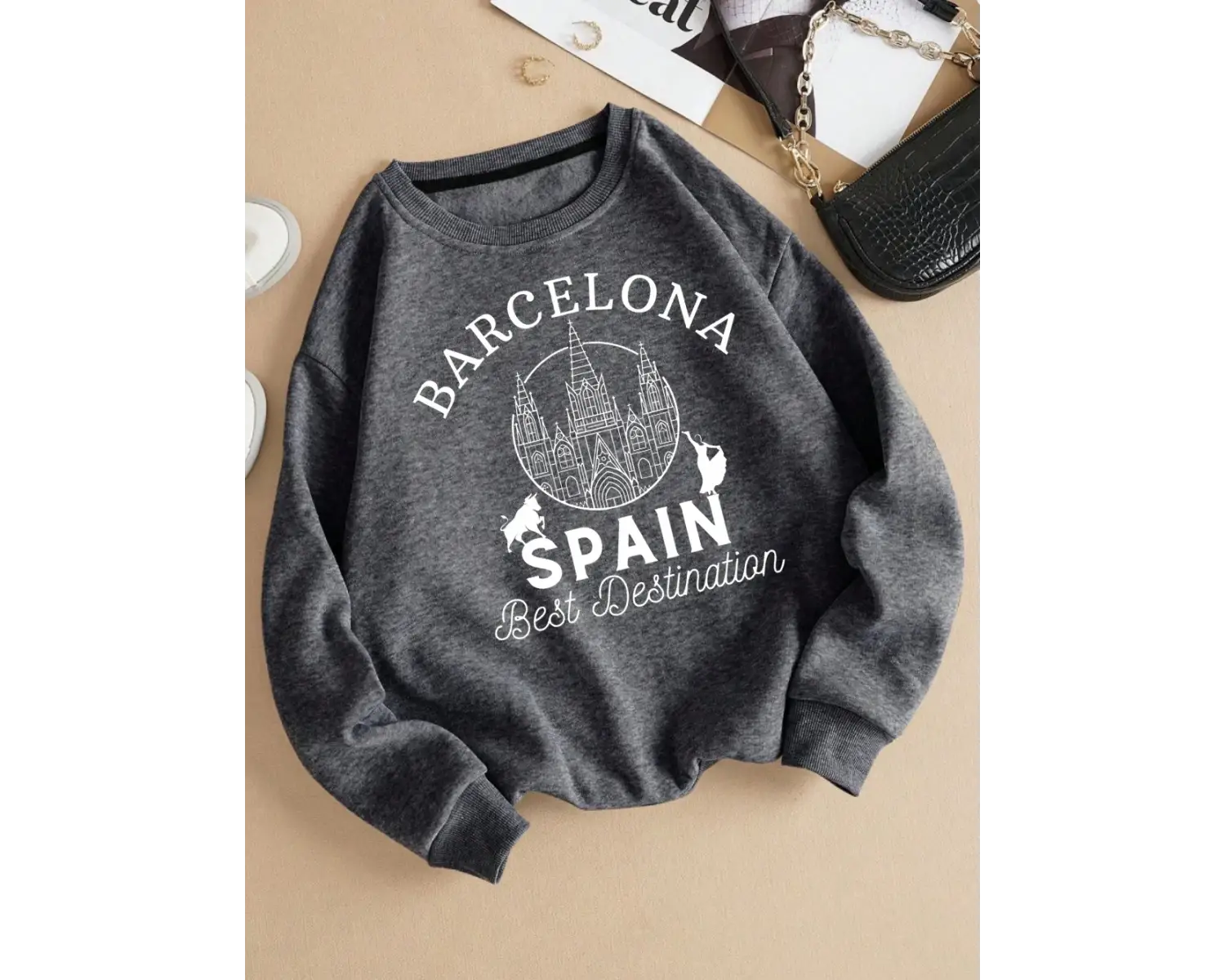 Barselona İspanya En İyi Destinasyon Baskı Kadın Kazaklar Gevşek Polar Kazak Yumuşak Kadın Gi