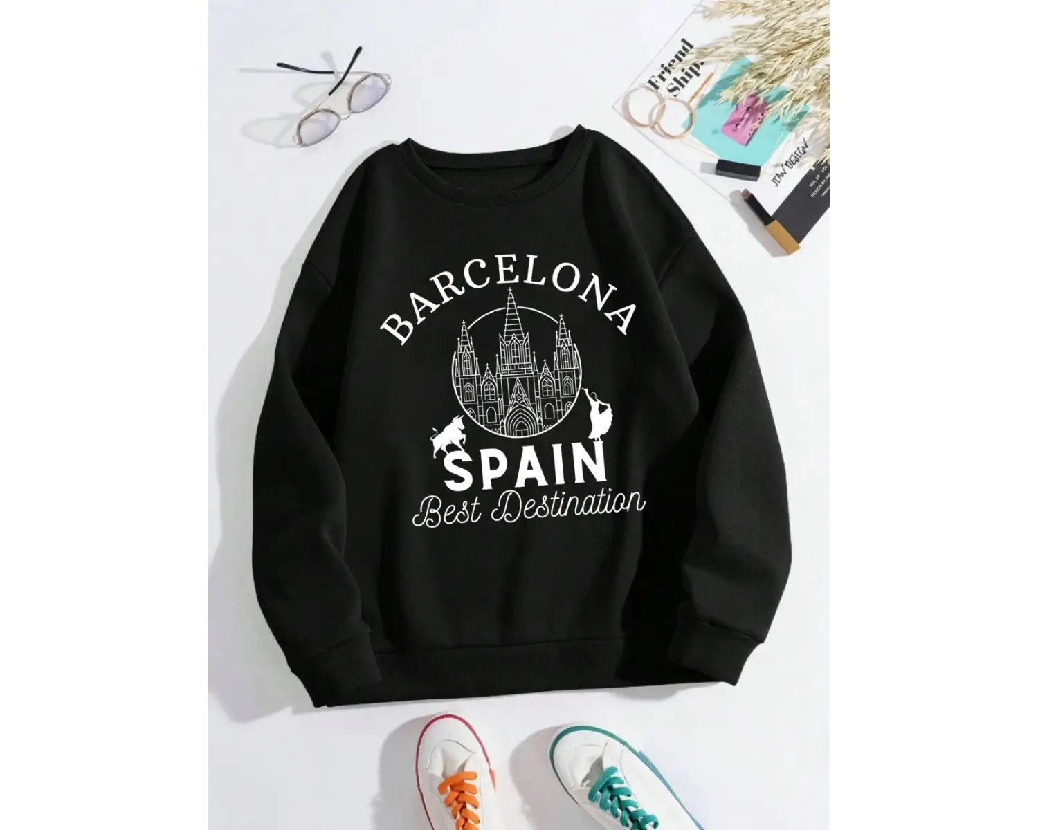 Barselona İspanya En İyi Destinasyon Baskı Kadın Kazaklar Gevşek Polar Kazak Yumuşak Kadın Gi