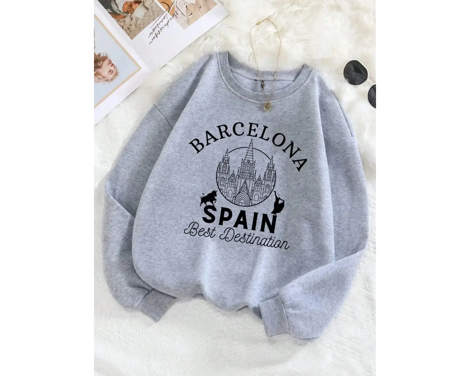 Barselona İspanya En İyi Destinasyon Baskı Kadın Kazaklar Gevşek Polar Kazak Yumuşak Kadın Gi