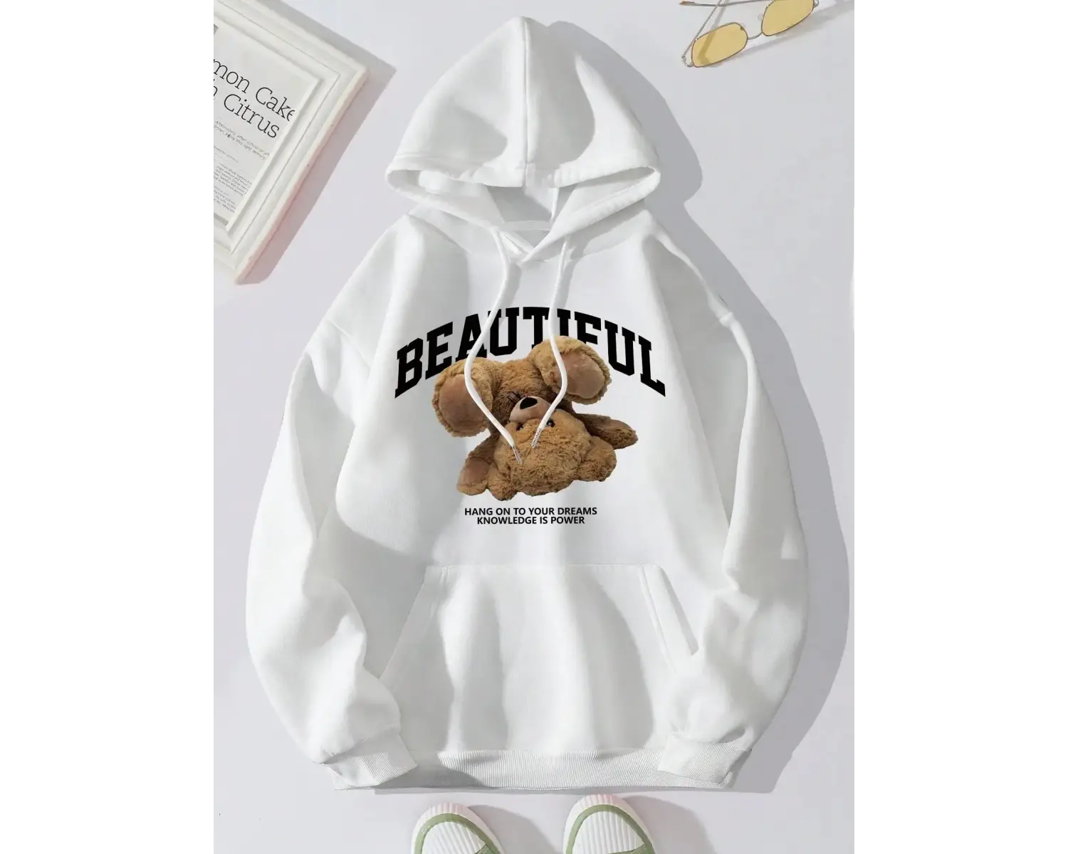 Baş aşağı Teddy Bear baskı Hoodies kadın spor moda rahat kapüşonlu sıcak o-boyun polar Hoody