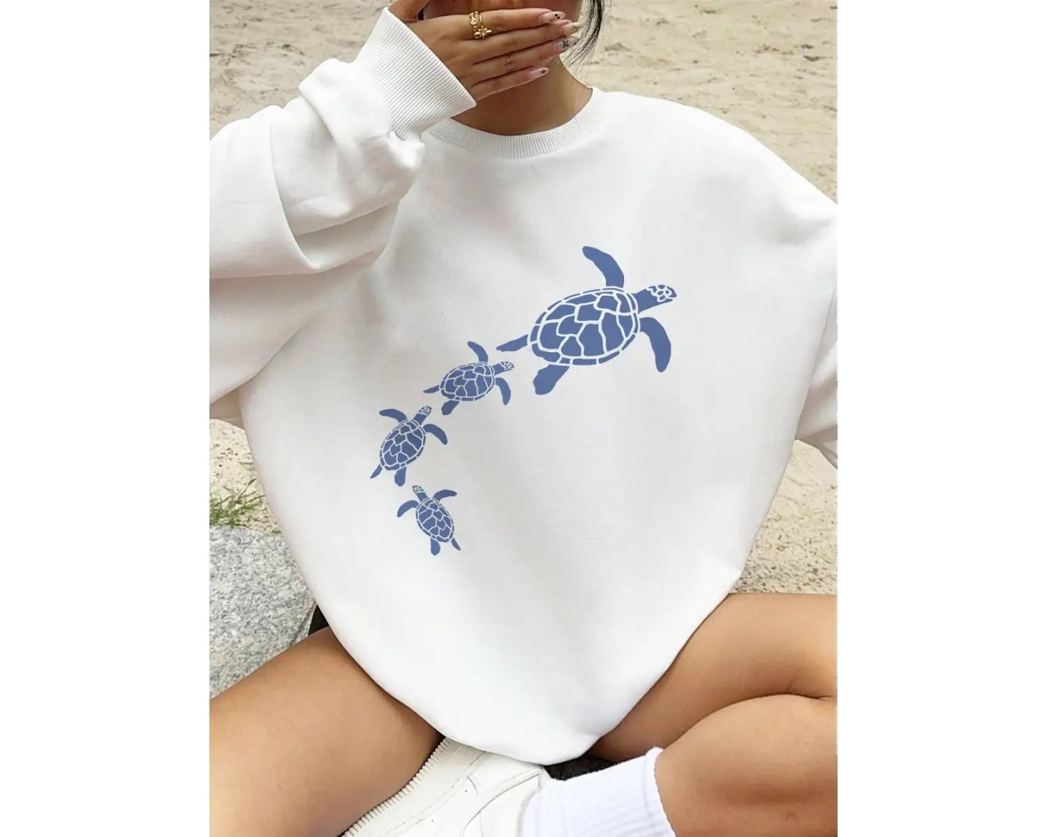 Basit Deniz Kaplumbağaları Baskılar Tişörtü Kadın Crewneck Temelleri Kapüşonlular Gevşek Pola