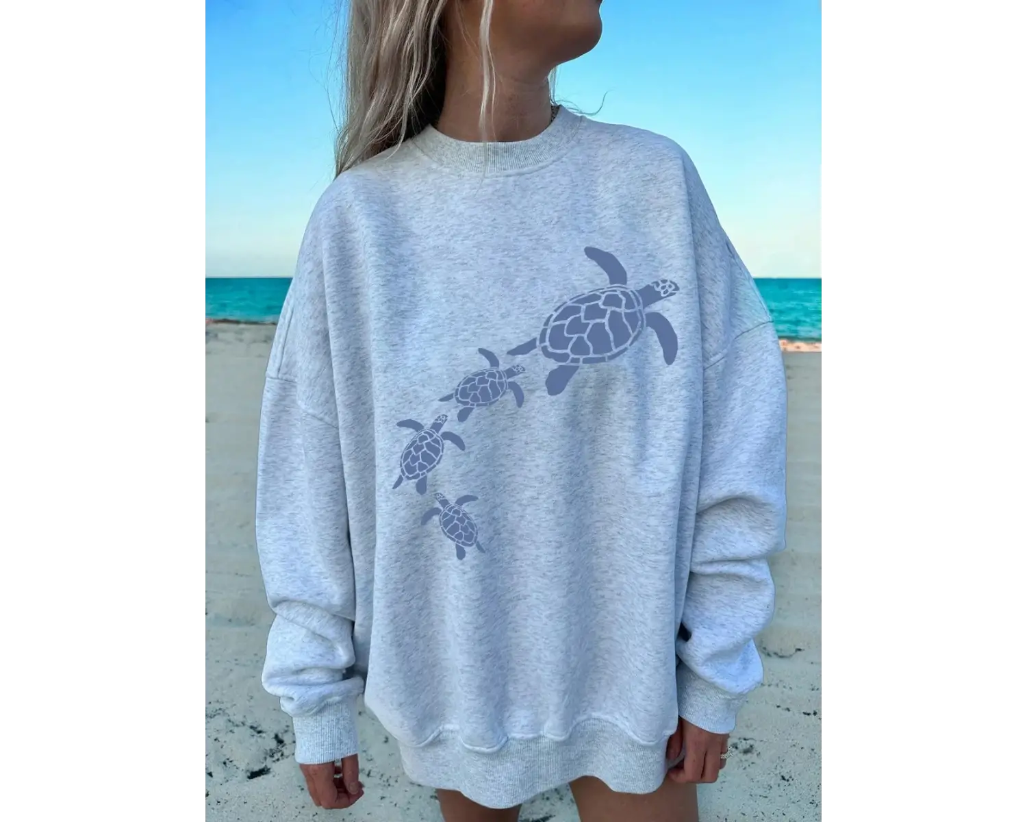 Basit Deniz Kaplumbağaları Baskılar Tişörtü Kadın Crewneck Temelleri Kapüşonlular Gevşek Pola