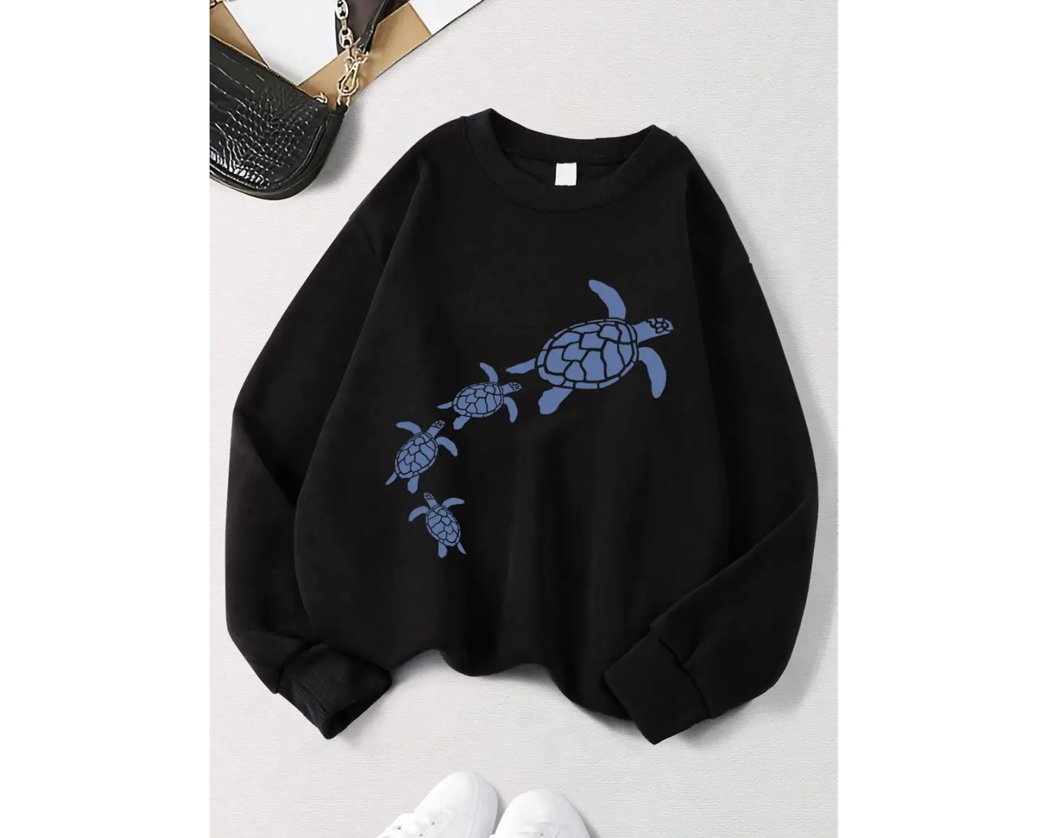 Basit Deniz Kaplumbağaları Baskılar Tişörtü Kadın Crewneck Temelleri Kapüşonlular Gevşek Pola