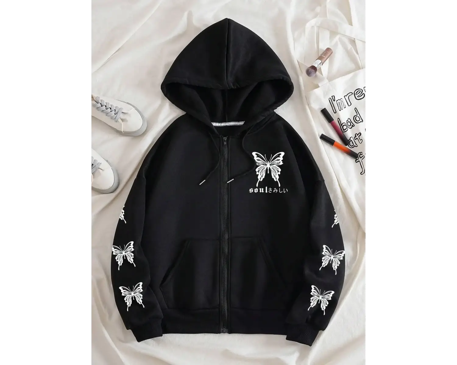 Basit Kelebek ve Mektup Baskılı fermuarlı kapüşonlu kıyafet Kadın Rahat Sıcak Polar Gevşek Gi