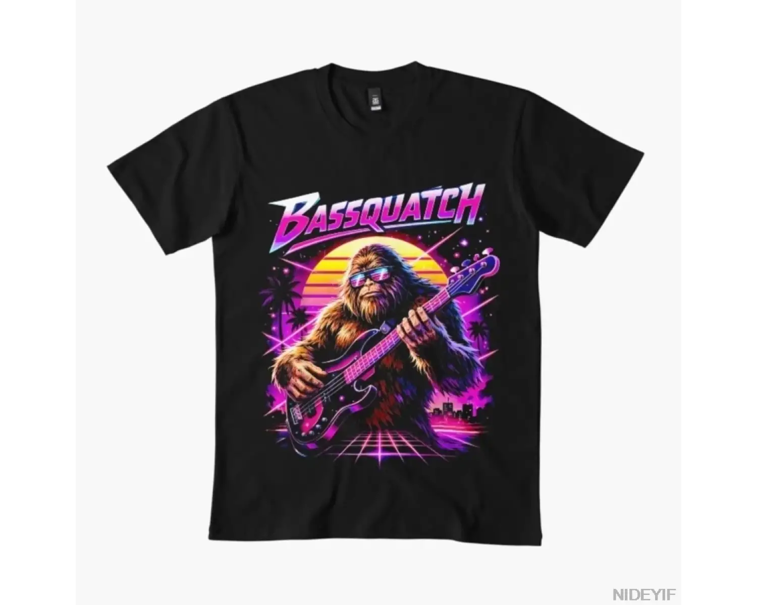 Bassquatch Synthwave Bigfoot Bas Gitar Sasquatch T-shirt Erkekler Kadınlar Için % 100% Pamuk