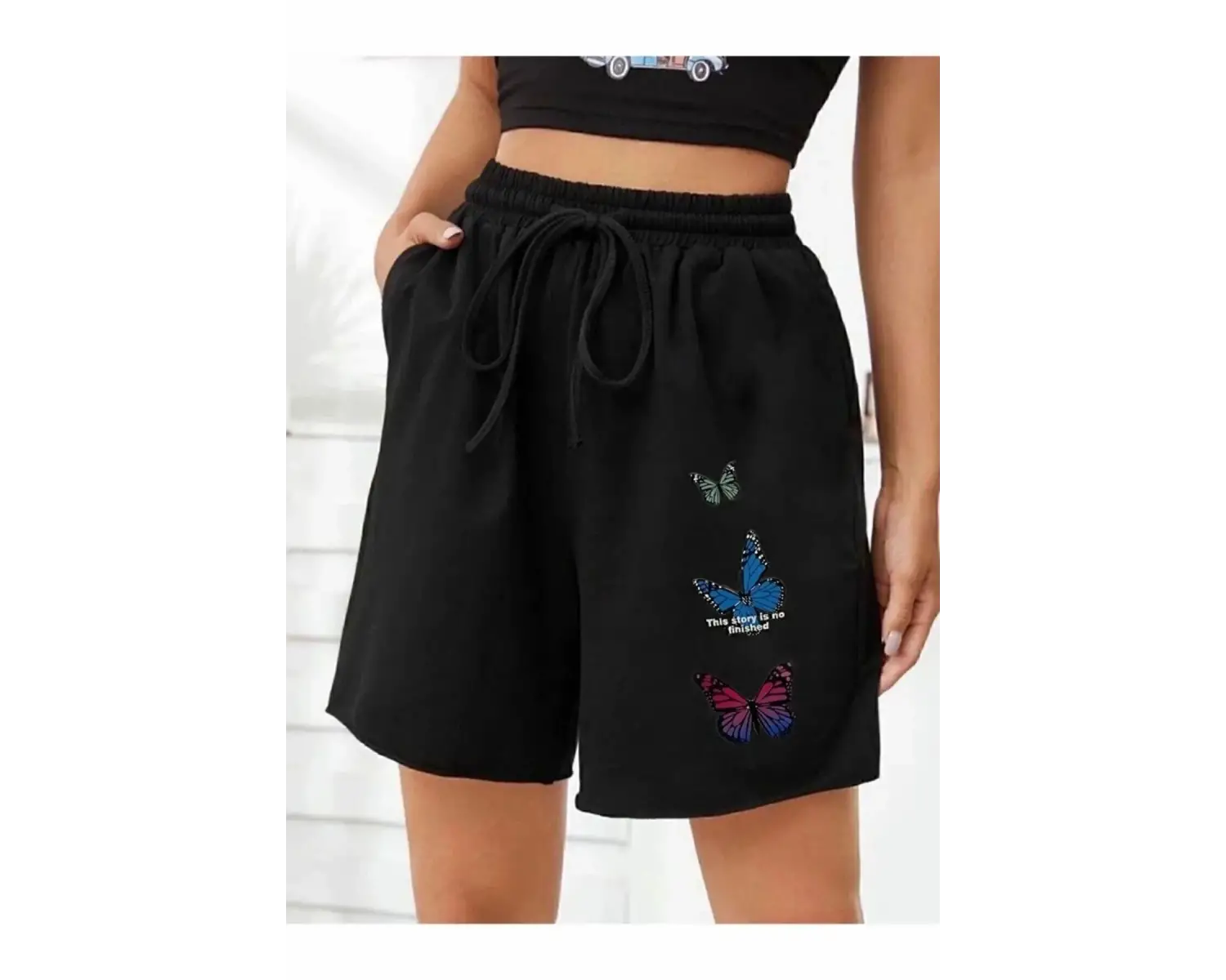 Bay Baskılı Kısa Kadın Şort Siyah Şort