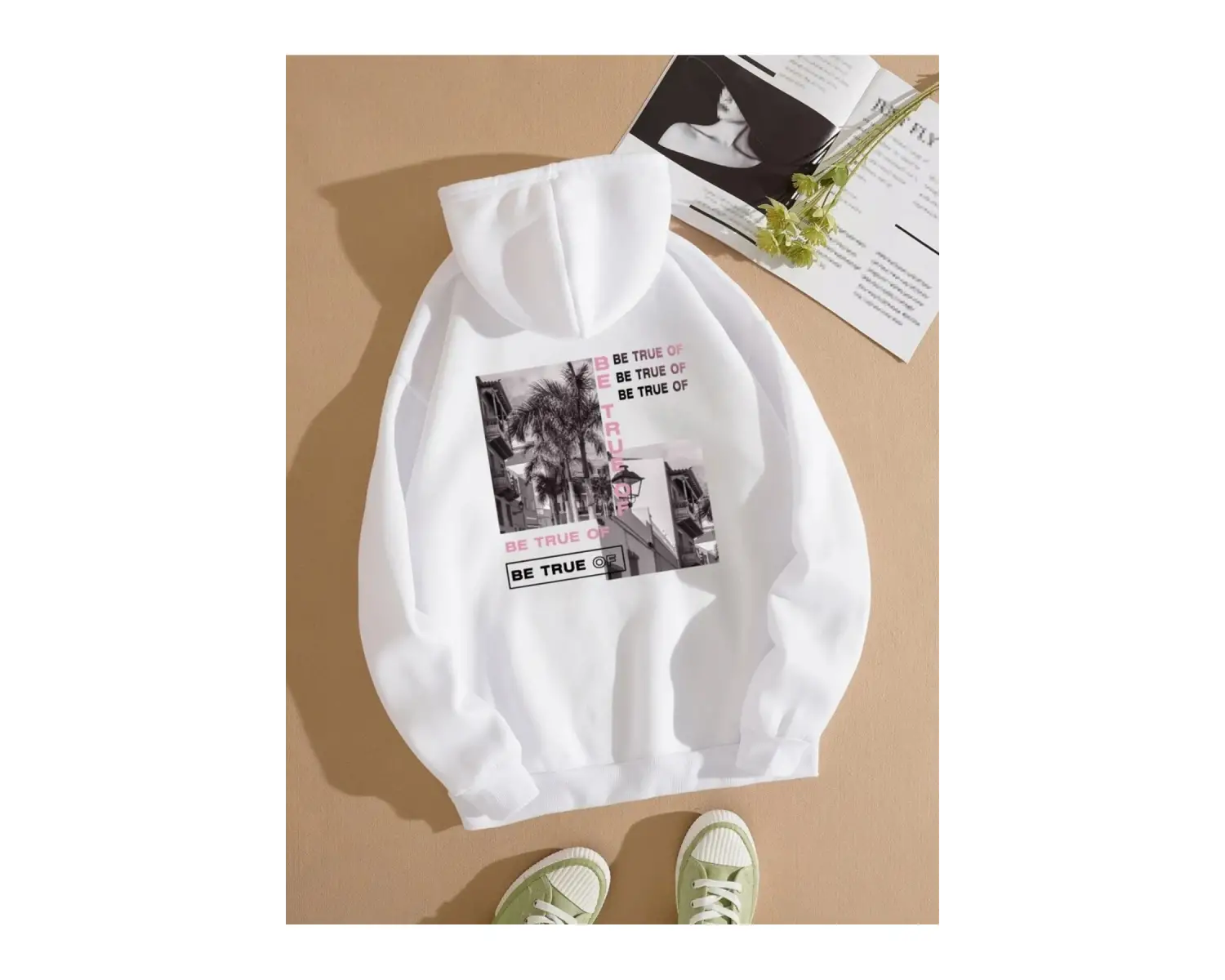 BE TRUE Renkli Oversize Kapüşonlu Sweatshirt Beyaz