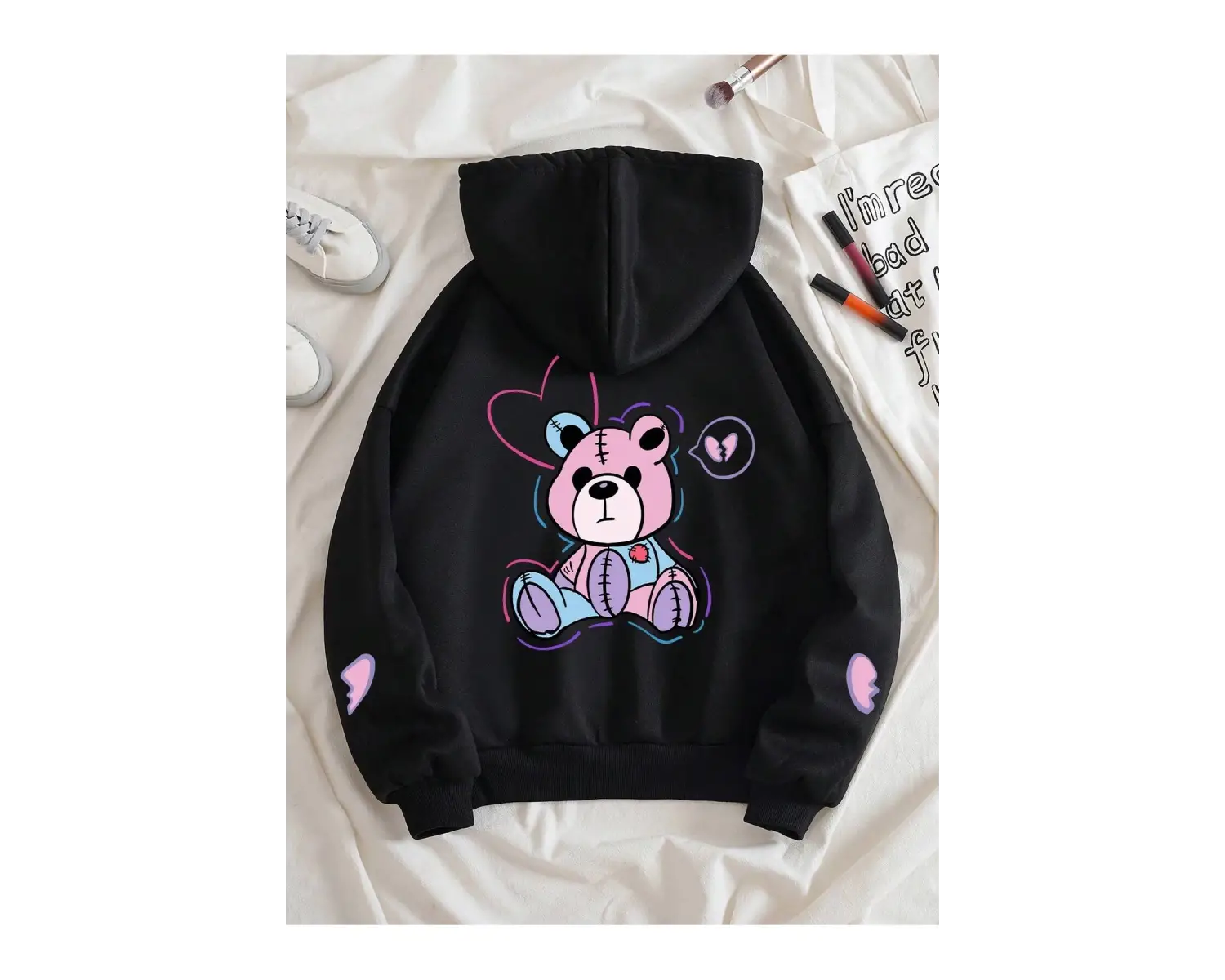 Bear And Heart Print Zip Up Lined Drawstring Hoodie Siyah