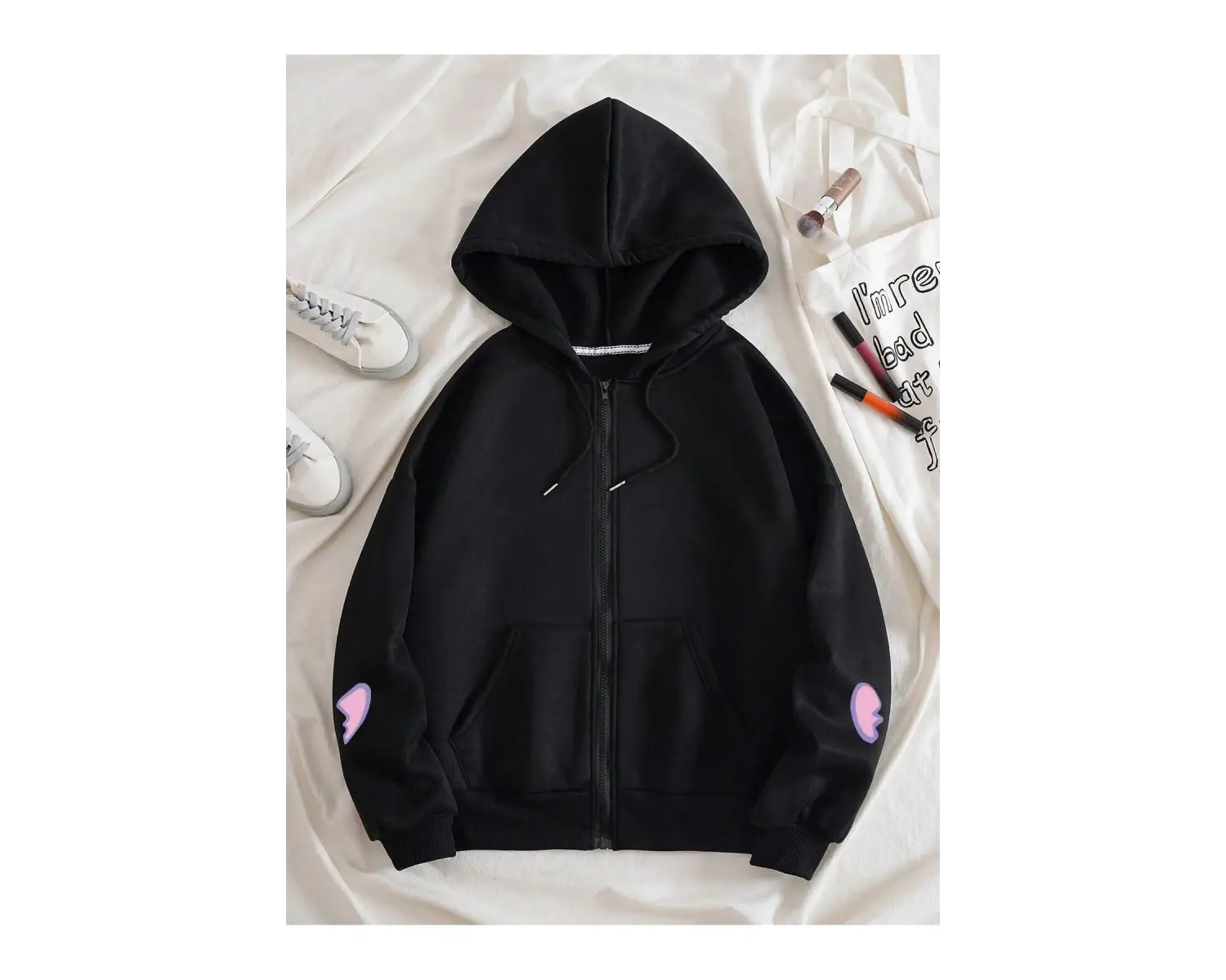 Bear And Heart Print Zip Up Lined Drawstring Hoodie Siyah