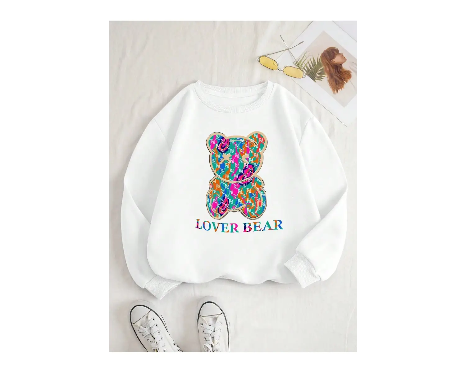 Bear & Letter Graphic Lined Sweatshirt Beyaz