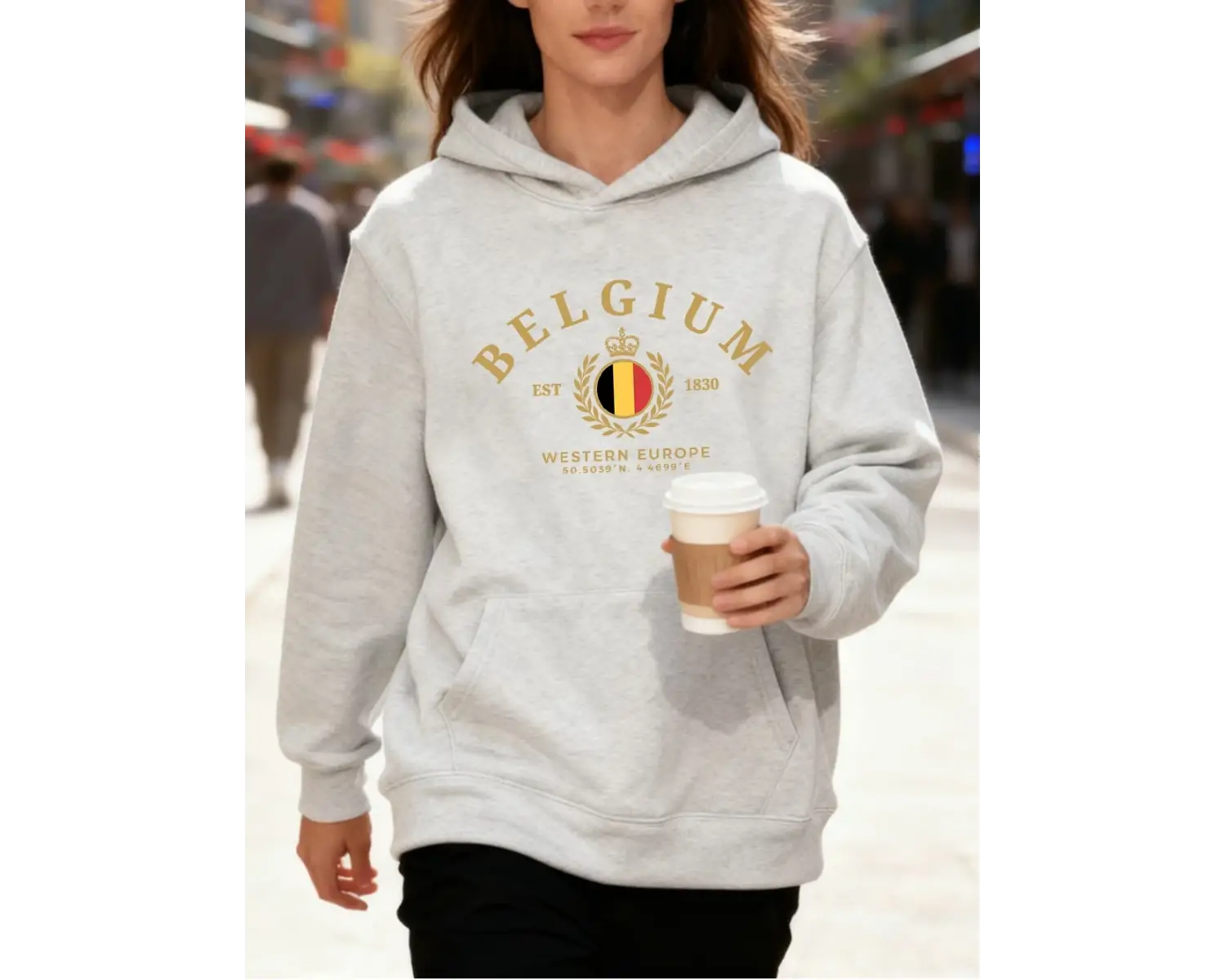 Belçika Batı Avrupa Est 1830 Baskılar Kapüşonlular Pamuk Kadın Koşu Cep Kazak Sportif Bol Tiş