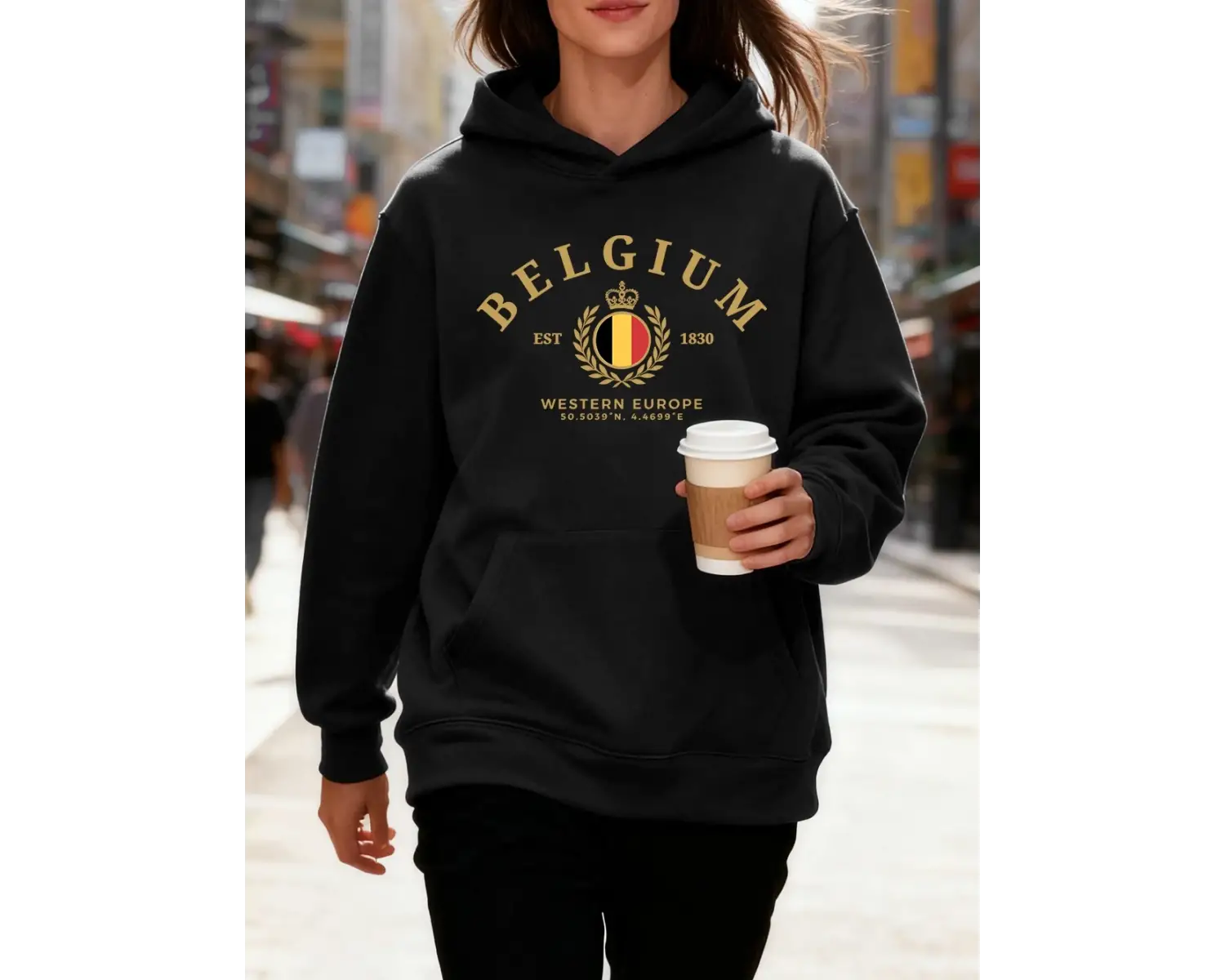 Belçika Batı Avrupa Est 1830 Baskılar Kapüşonlular Pamuk Kadın Koşu Cep Kazak Sportif Bol Tiş