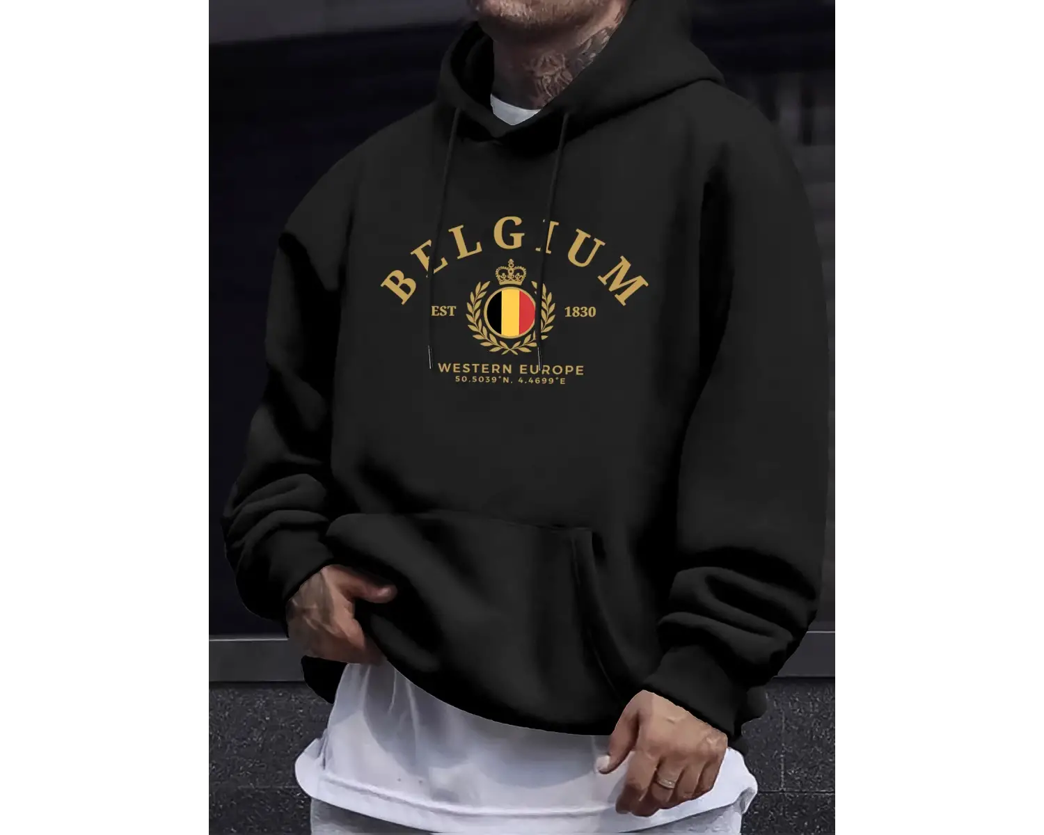 Belçika Batı Avrupa Est 1830 Baskılar Man Street Tops Sonbahar Günlük Kapüşonlu Üst Spor Bol