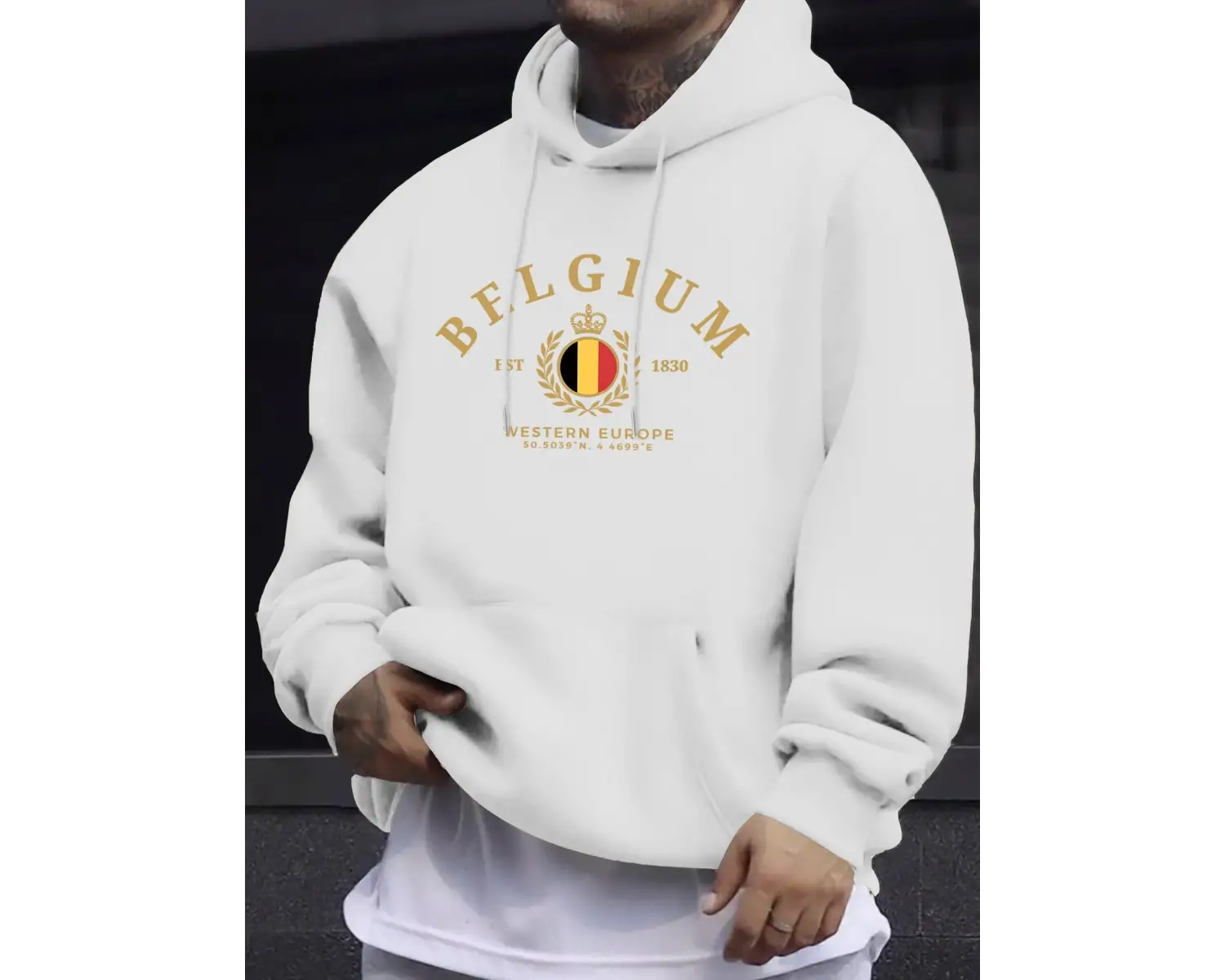 Belçika Batı Avrupa Est 1830 Baskılar Man Street Tops Sonbahar Günlük Kapüşonlu Üst Spor Bol