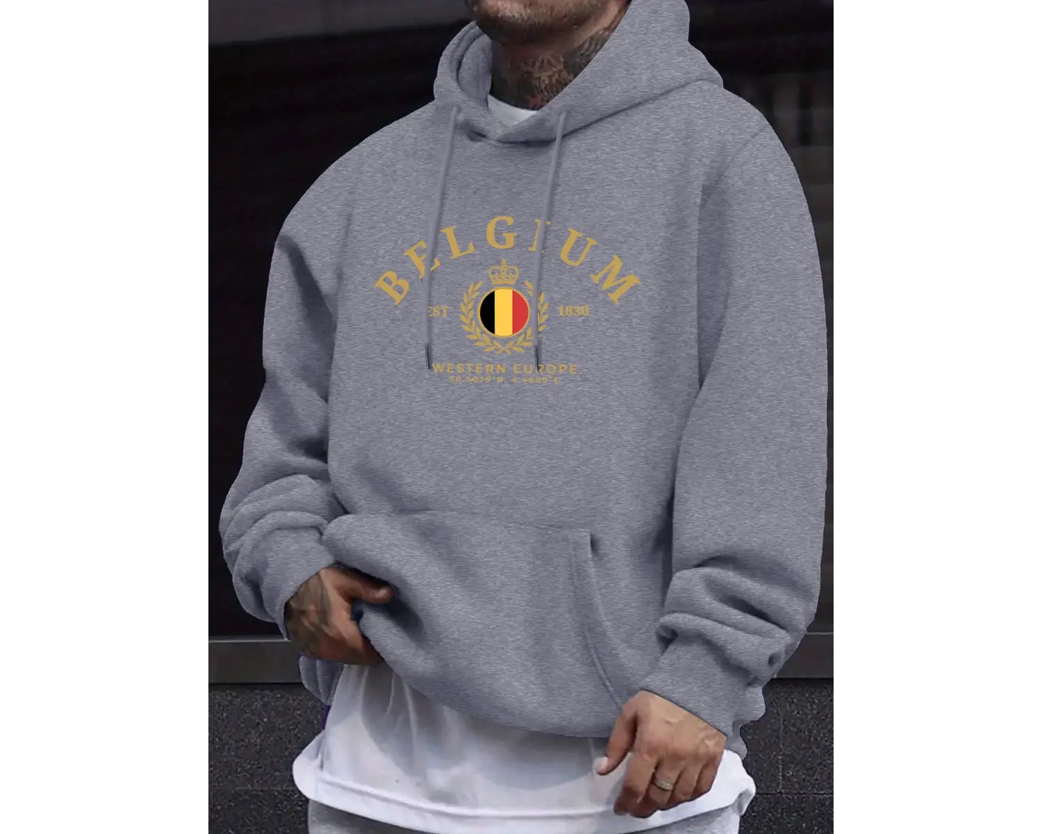 Belçika Batı Avrupa Est 1830 Baskılar Man Street Tops Sonbahar Günlük Kapüşonlu Üst Spor Bol