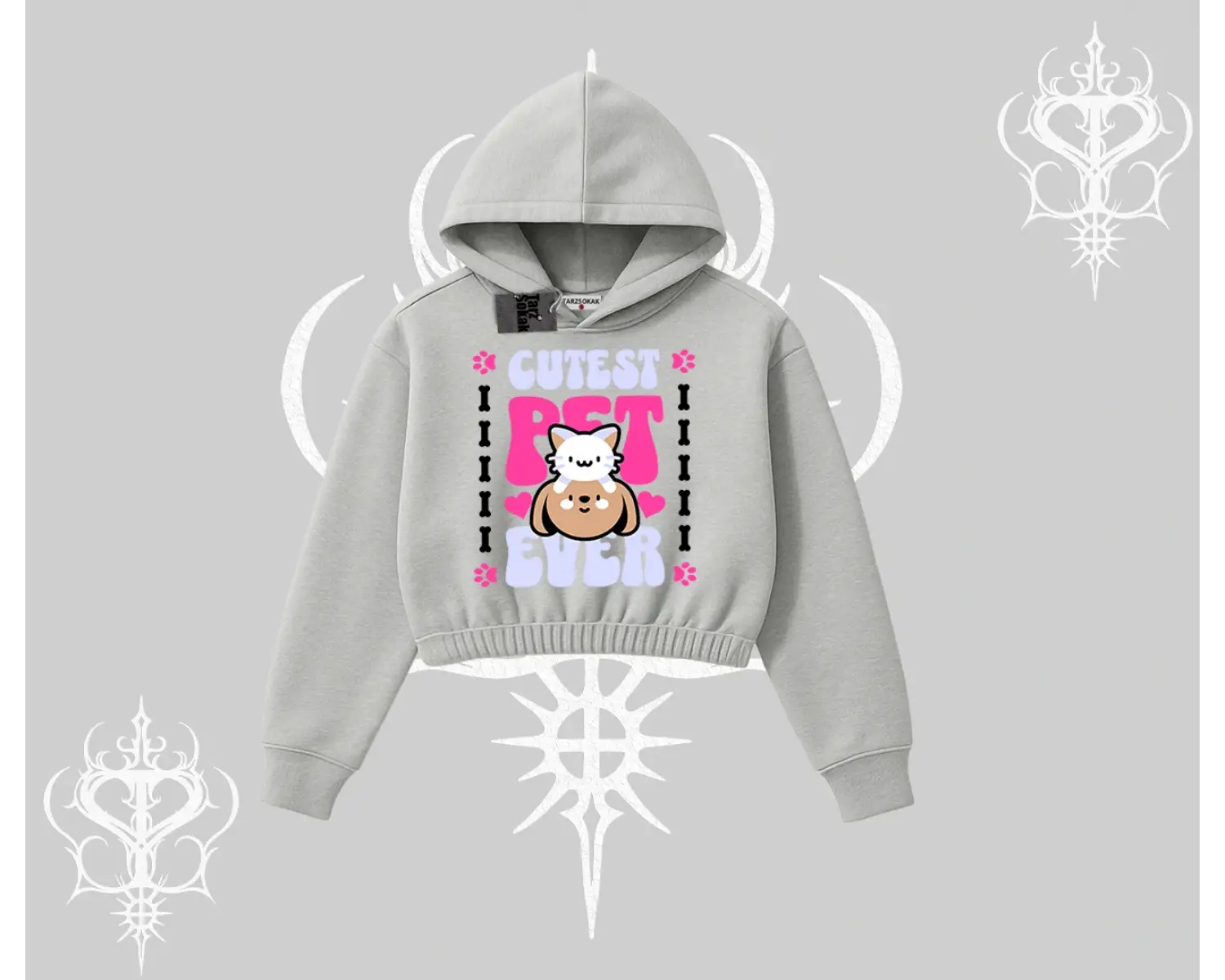 Best Pet Ever Baskılı Kapşonlu Crop Sweatshirt