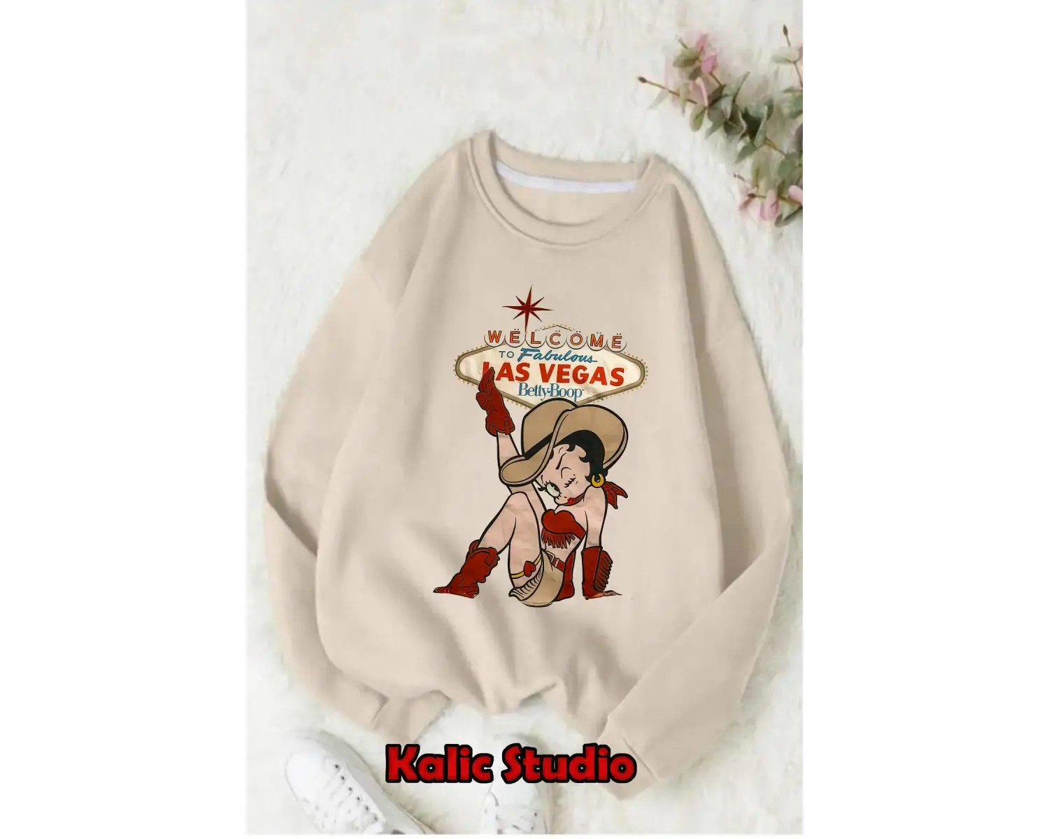 Betty boop las vegas sweatshirt oversize bisiklet yaka bej