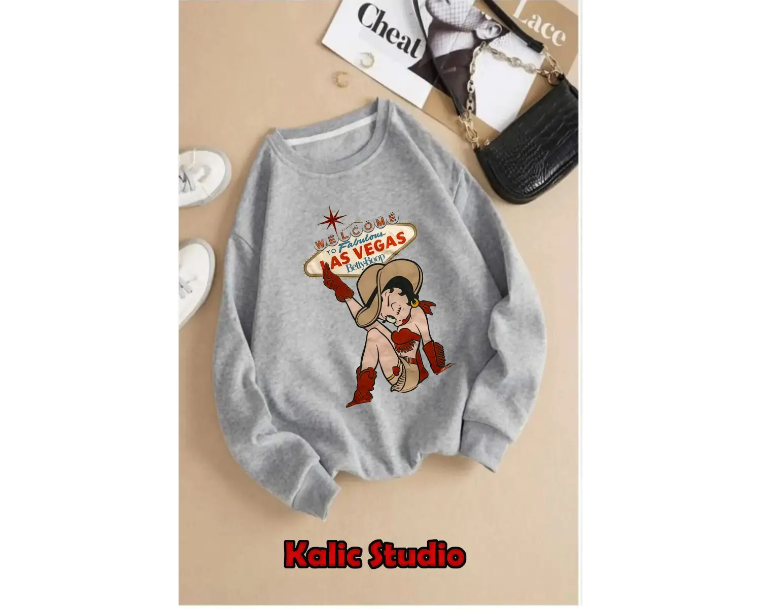 Betty boop las vegas sweatshirt oversize bisiklet yaka gri