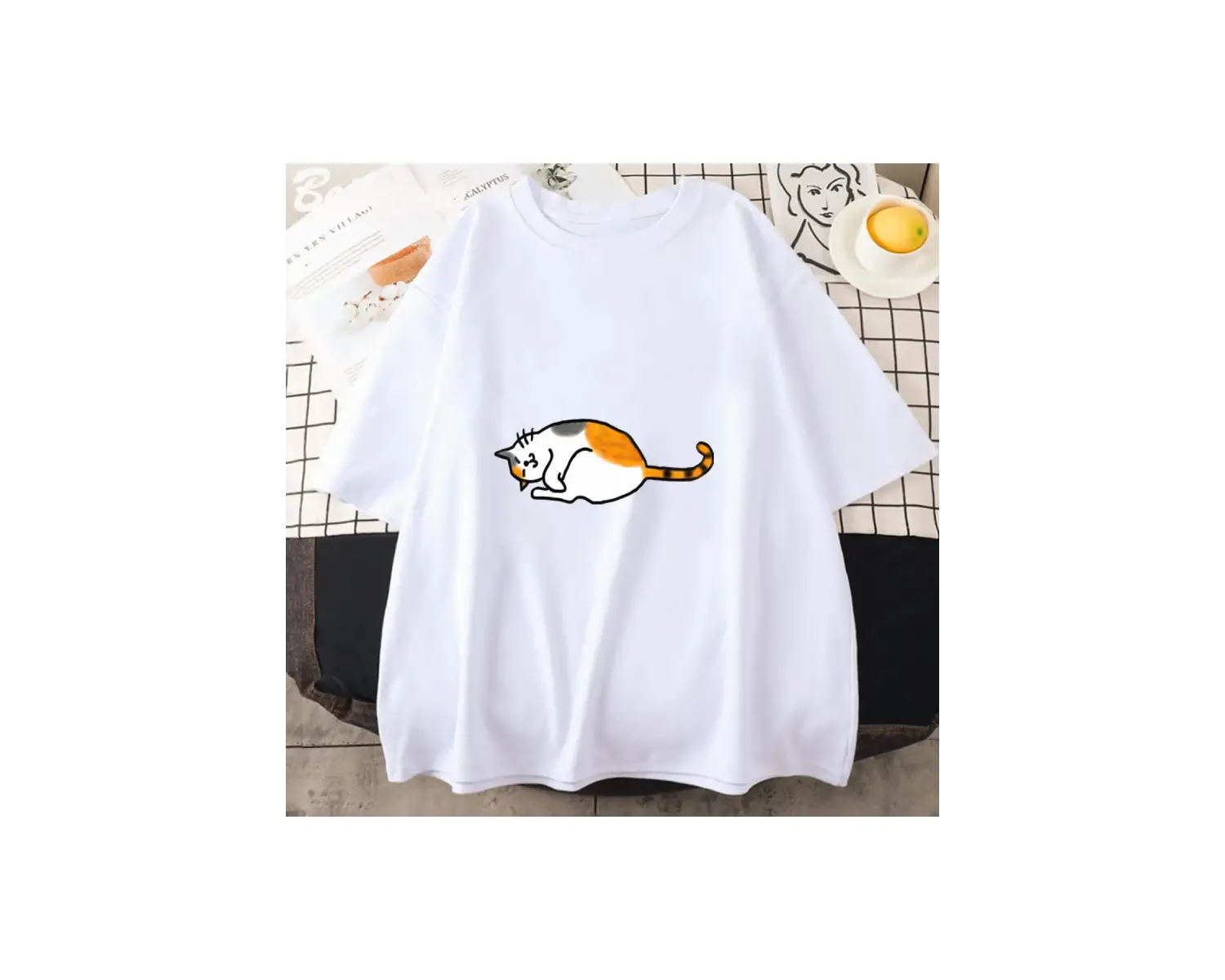 Beyaz Anime Calico kedi baskılı Tee haruclothing kore dalga serin çift Highstreet