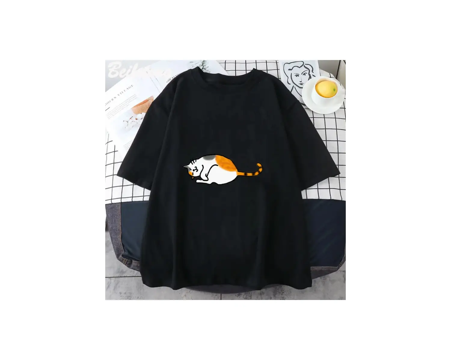 Beyaz Anime Calico kedi baskılı Tee haruclothing kore dalga serin çift Highstreet