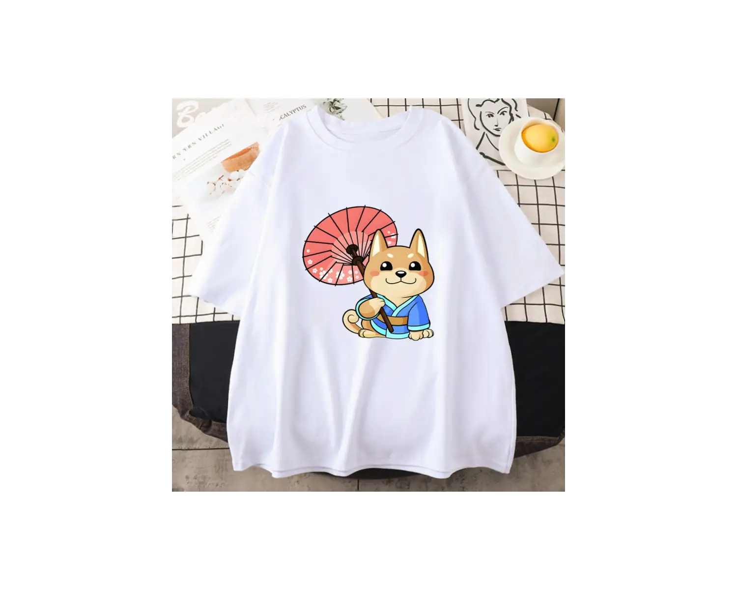 Beyaz Anime Kawaii köpek karikatür grafik baskı ler leri 90s