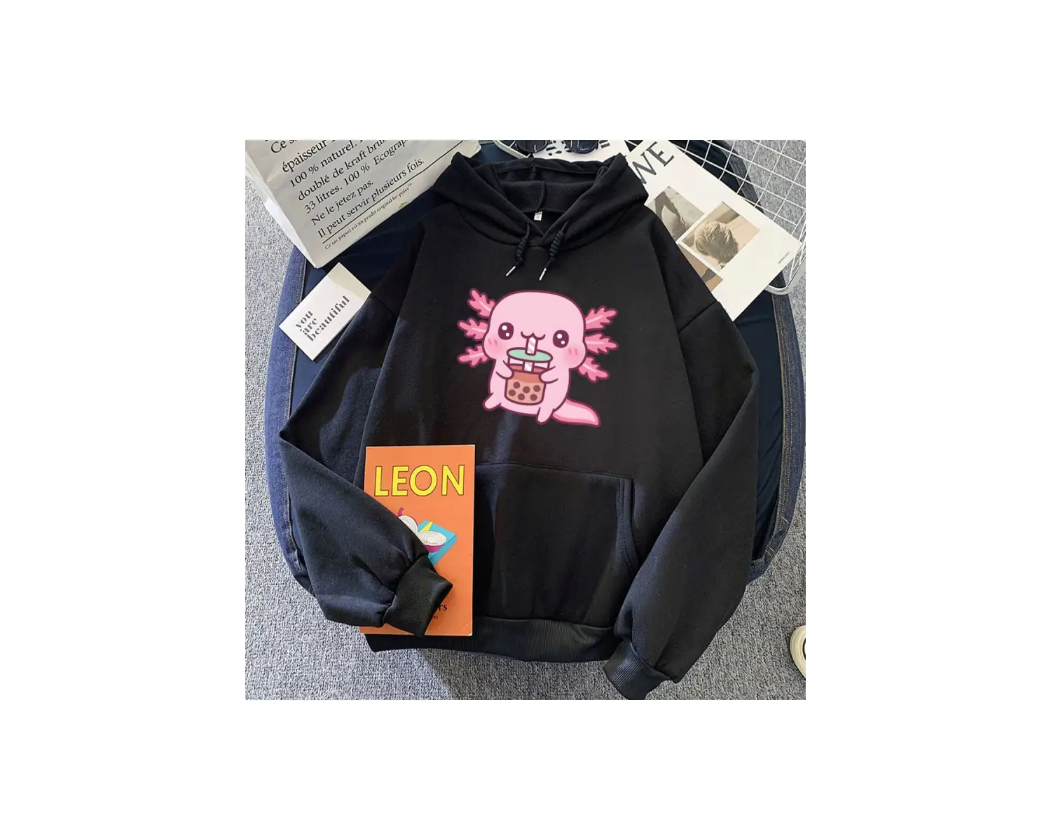 Beyaz Axolotl Yeme Kabarcık Boba Süt Çay HoodiesKarikatür Grafik