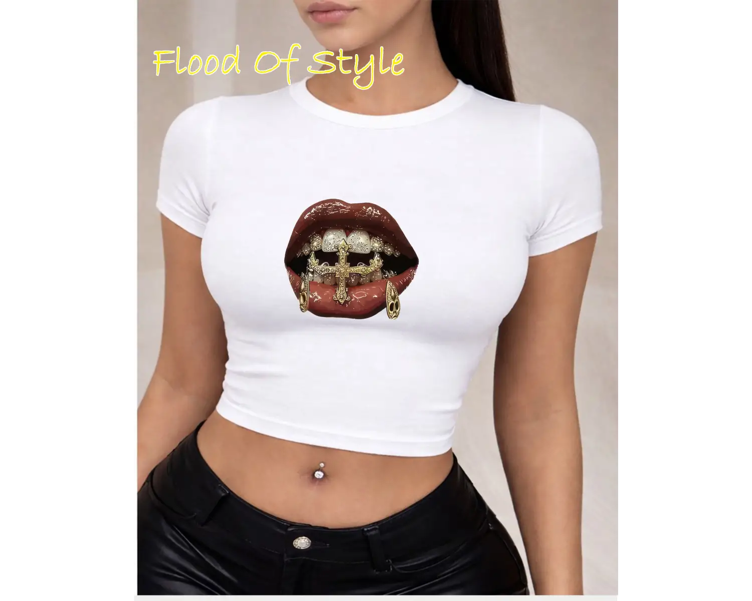 Beyaz Babby Tee dudak diş baskılı taş desen litee Özel tasarım