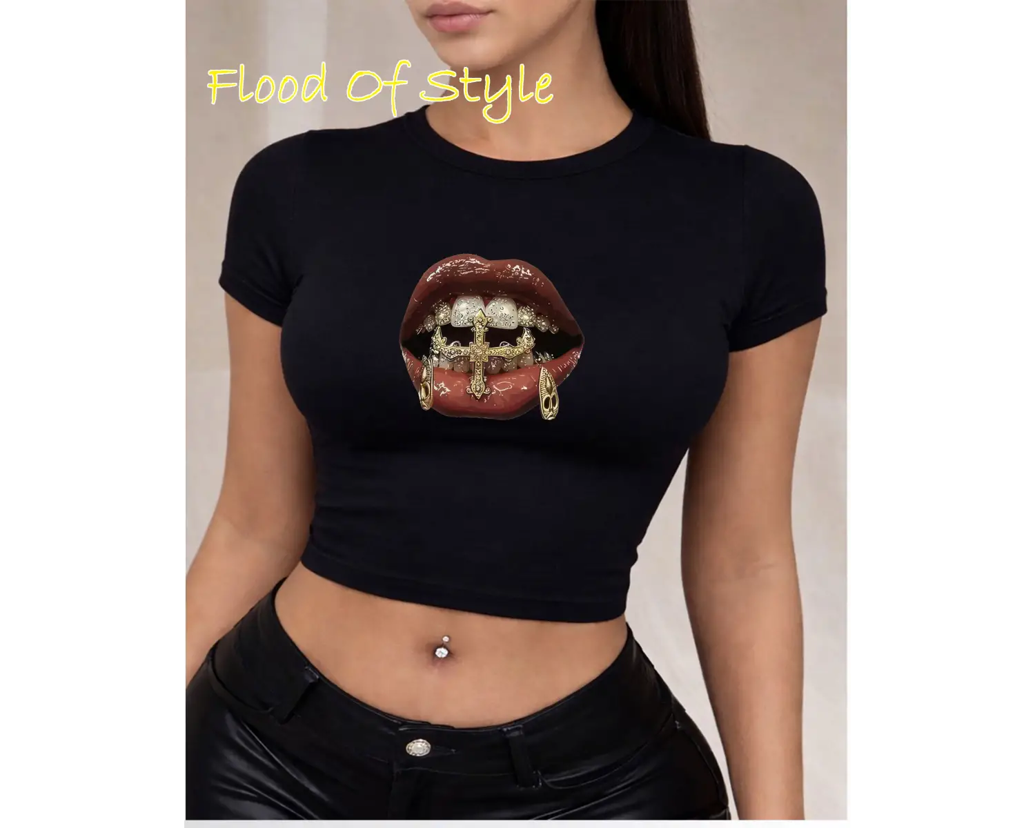 Beyaz Babby Tee dudak diş baskılı taş desen litee Özel tasarım