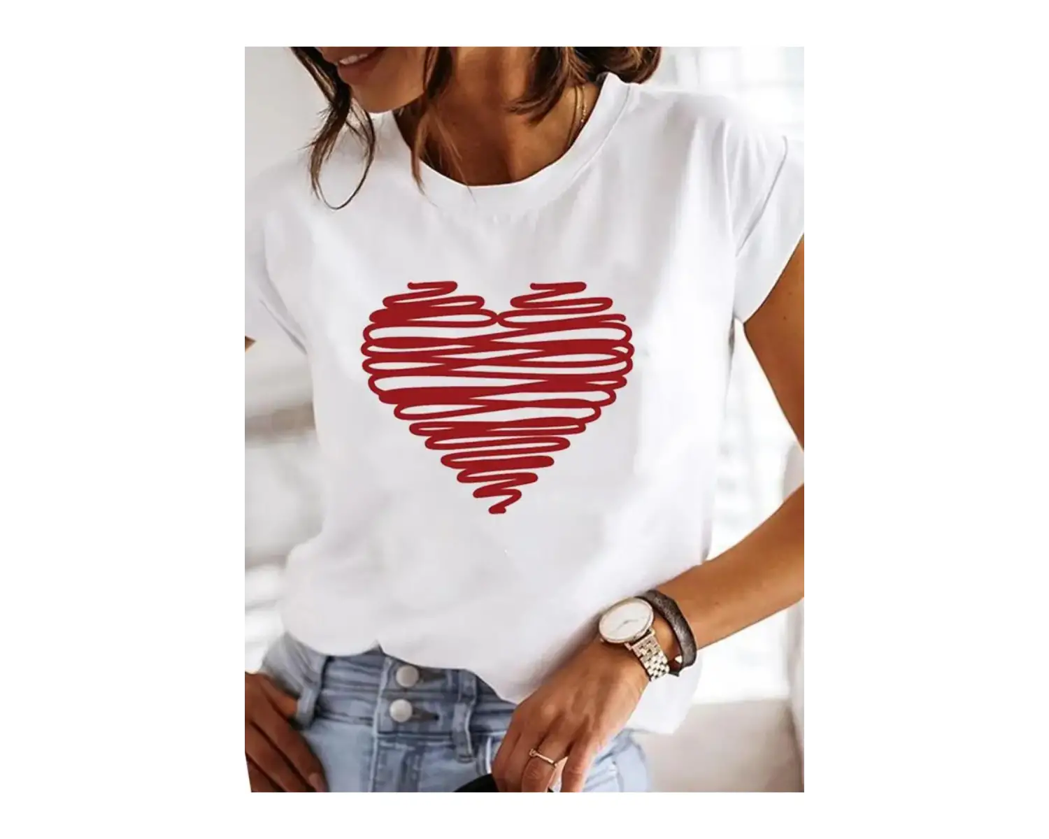 Beyaz Baskılı Yaz Suluboya Aşk Kalp Çizgili Elbise Grafik