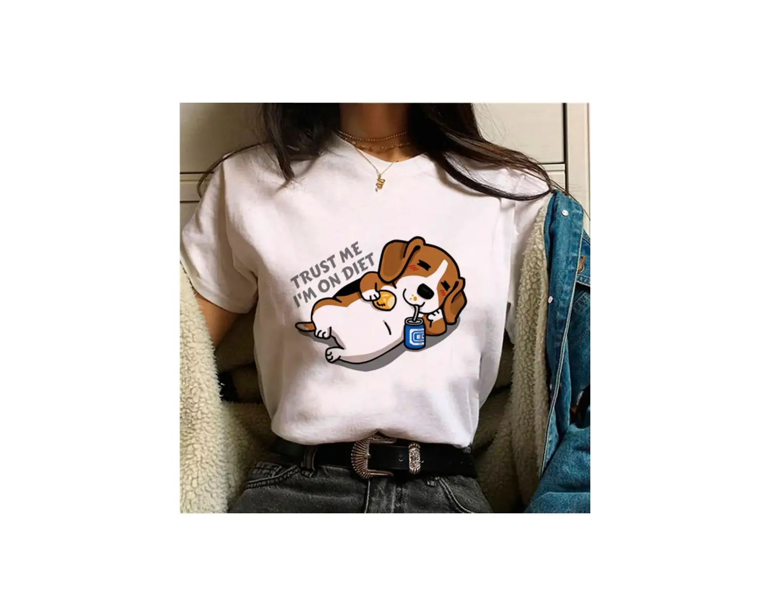 Beyaz Beagle üst streetwear tasarımcı kıyafetleri baskı yuvarlak boyun