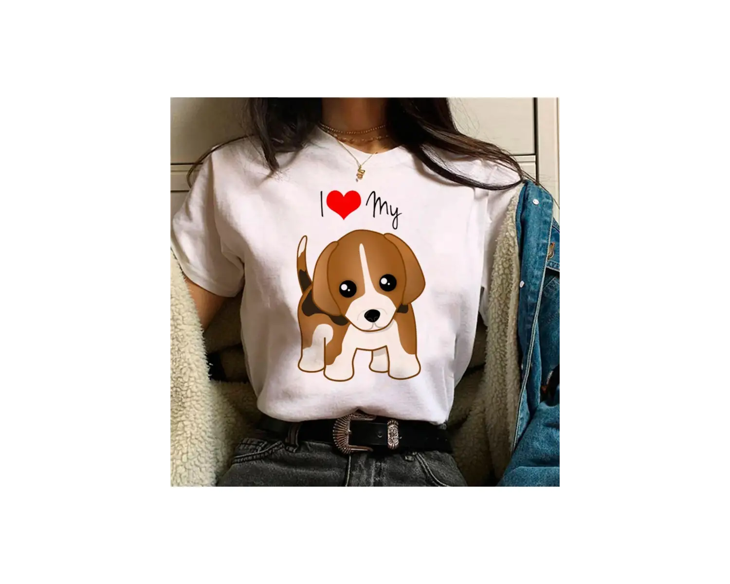 Beyaz Beagle üst streetwear tasarımcı kıyafetleri baskı yuvarlak boyun