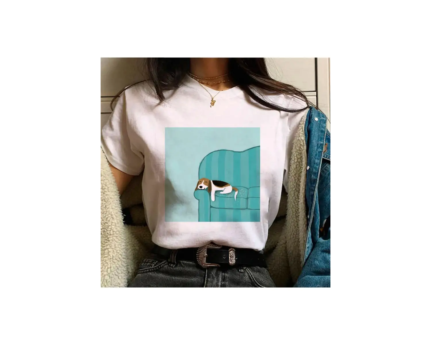 Beyaz Beagle üst streetwear tasarımcı kıyafetleri baskı yuvarlak boyun