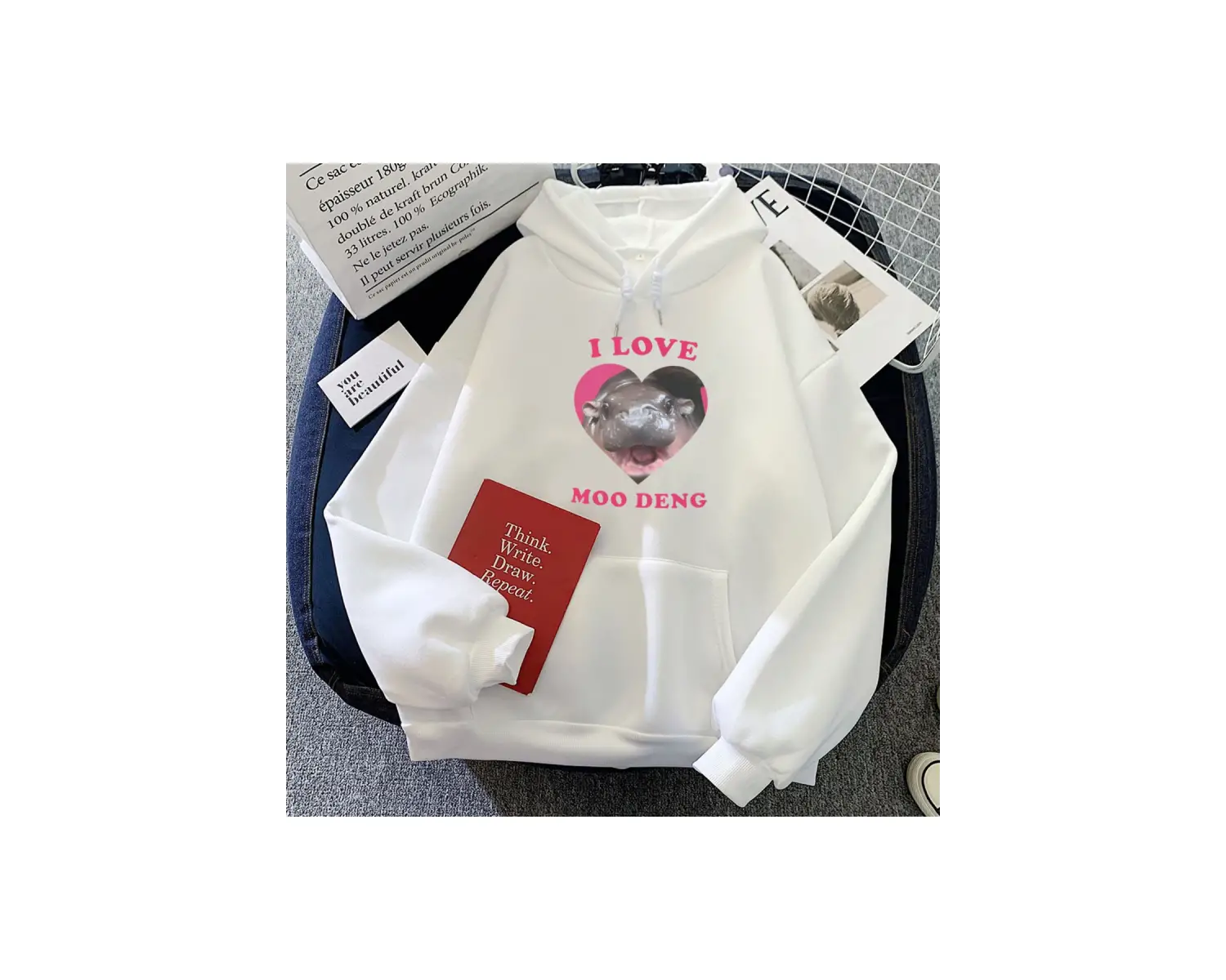 Beyaz Ben aşk Moo Deng grafik Hoodies Hipposevimli