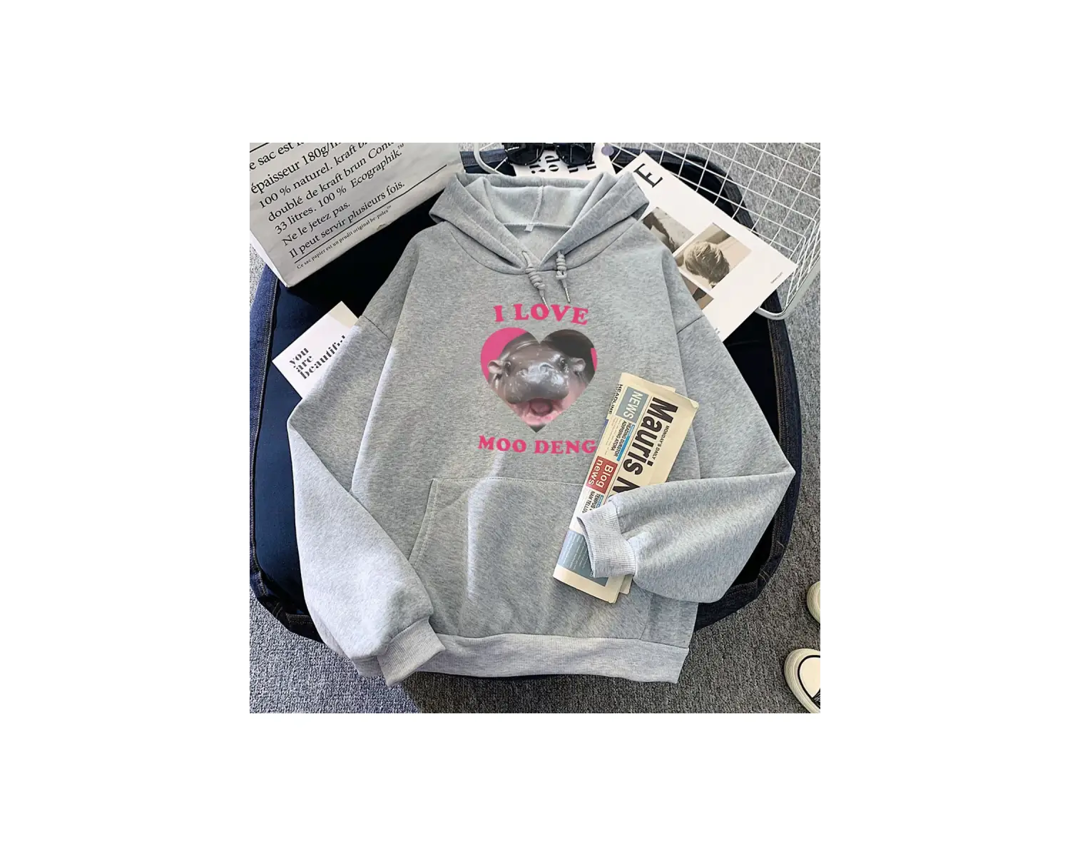 Beyaz Ben aşk Moo Deng grafik Hoodies Hipposevimli