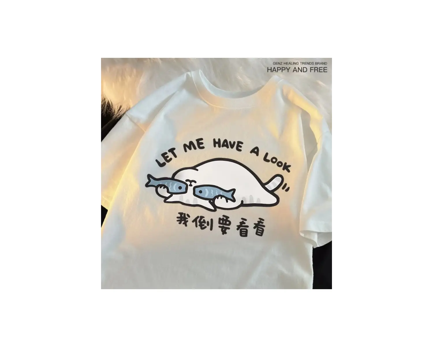 Beyaz Bir Bakalım Eğlenceli Kedi Baskı leri Yaratıcılık O-Boyun Yaz Üstleri Kar