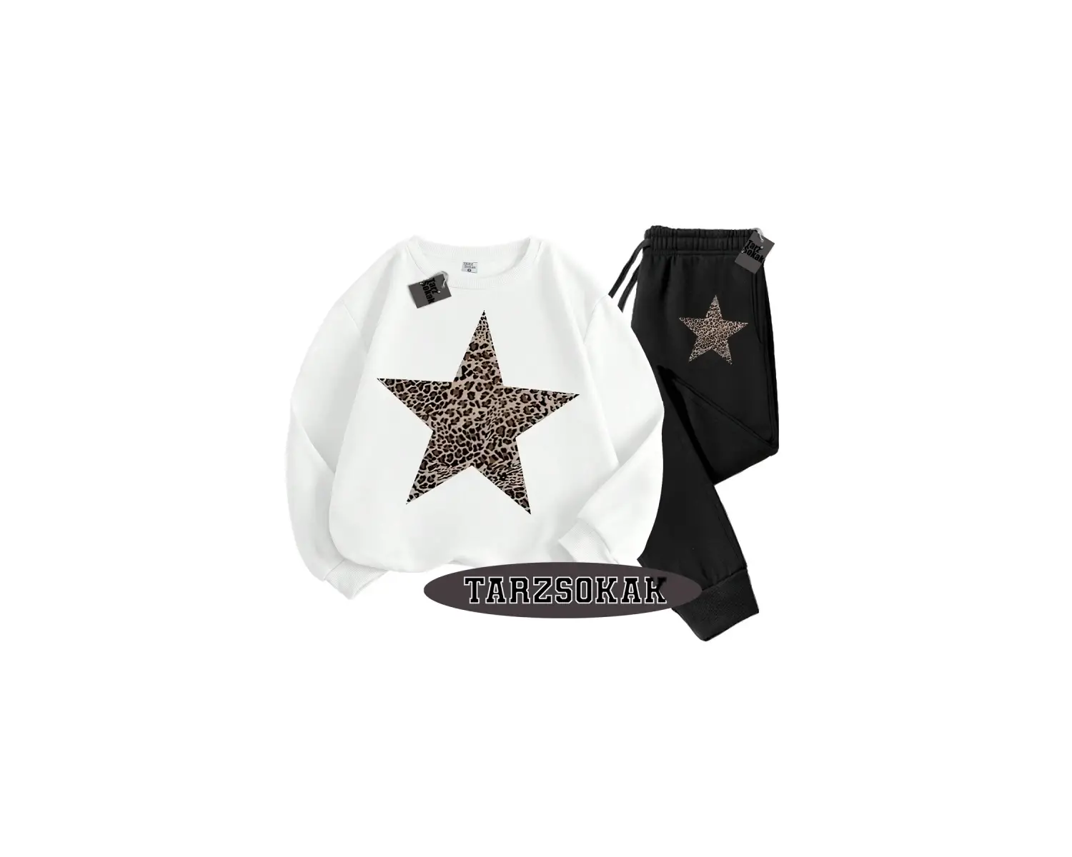 Beyaz Biskilet Leopar Yıldız Detaylı ikili TAKIM
