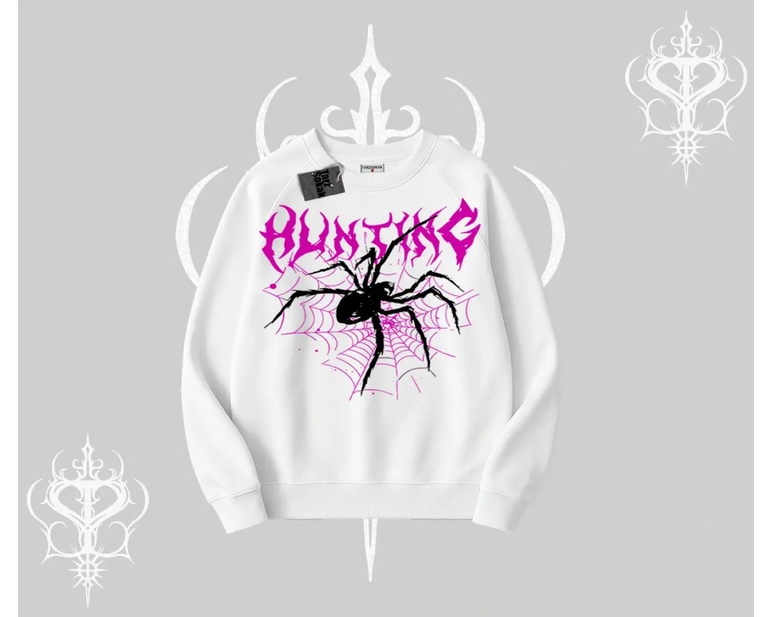Beyaz Biskilet Yaka Sweatshirt Autumn Spider